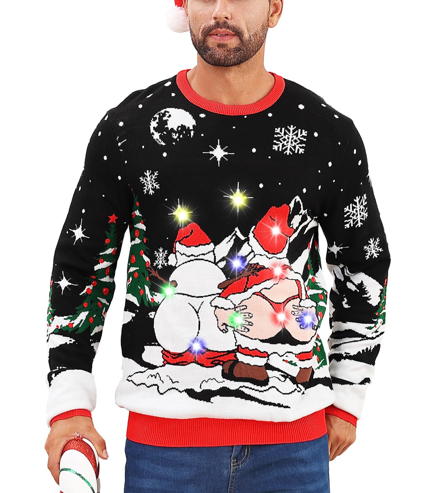 RAISEVERN LED Men Ugly Christmas Sweater Funny Light Up Xmas Party Long Sleeve Knitted Pullover