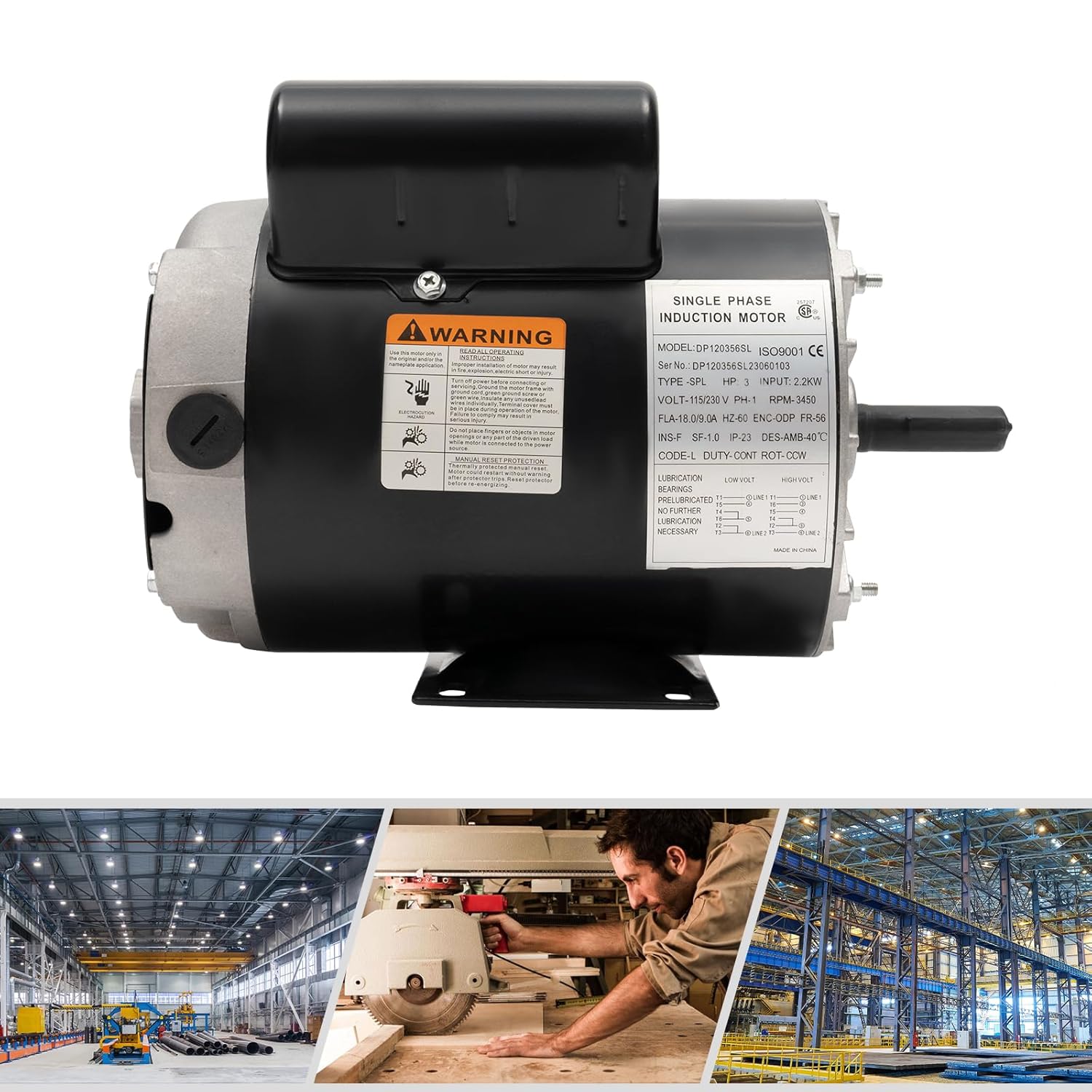 Air Compressor Electric Motor 115V/230V 60Hz 2.2kw 3HP 3450rpm Electric AC Motor, DP120356SL Single Phase High Efficiency Air Compressor Motor with 2 Capacitors for Air Compressor General Equipment