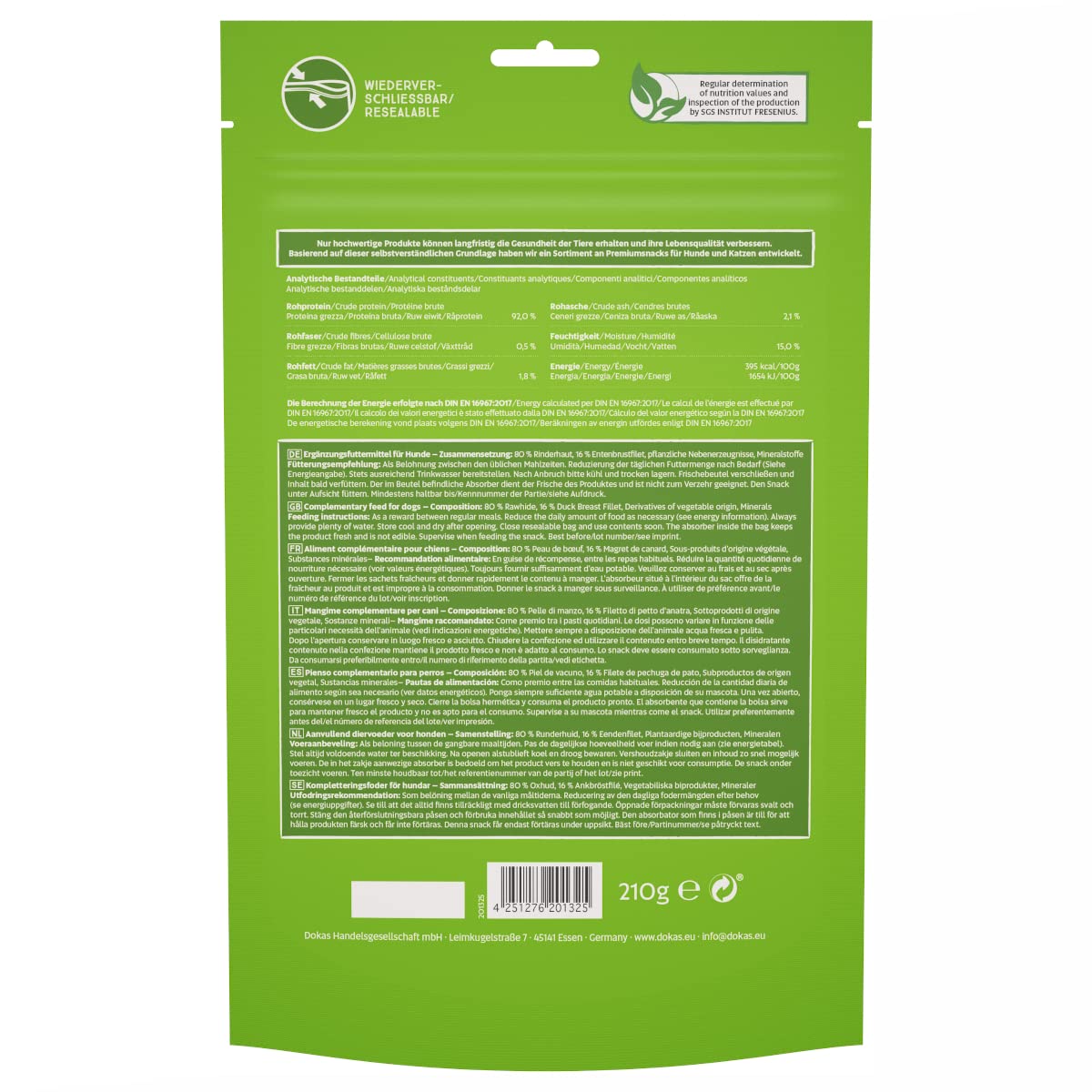 DOKAS Getreidefreier Premium Kausnack für Hunde – Ideal für große Hunde, 210 g (10er Pack)