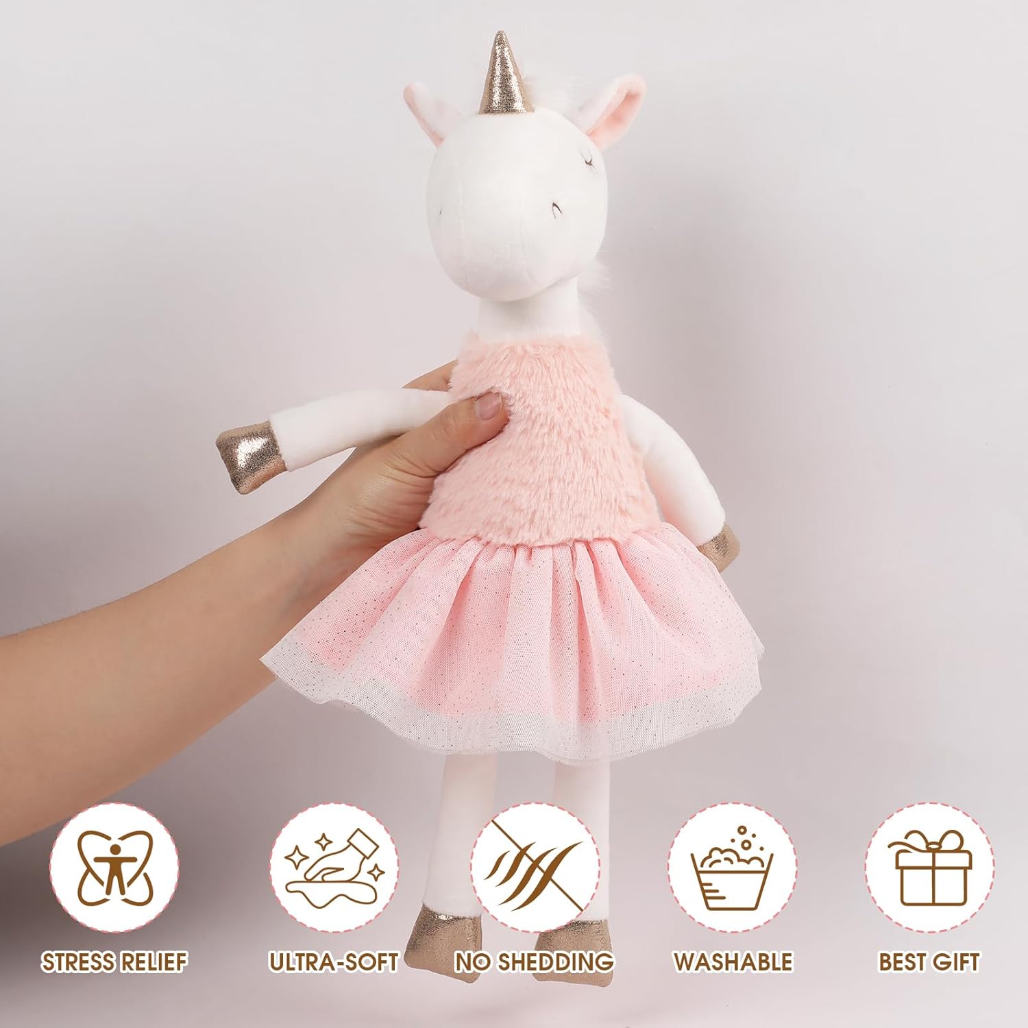 Mikkee Fluffie 15" Ballerina Unicorn Plush - Magical Stuffed Animal with Gold Horn & Hooves, Sparkling Tulle Tutu Skirt - Whimsical Keepsake Gift for Girls, Nursery Decor, Prima Ballerina Doll