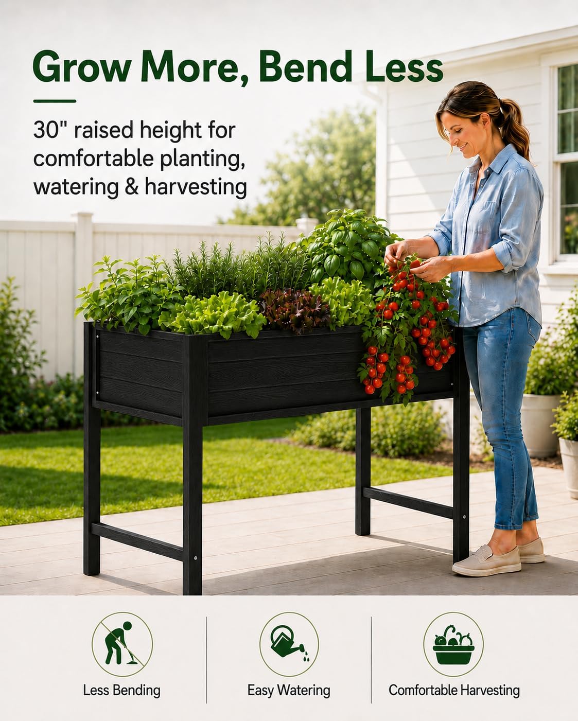 YEFU Raised Garden Bed with Legs: 48x24x30 Inch Waist-High Elevated Planter Box for Vegetables/Herbs/Flowers - UV-Resistant HIPS Material & Drainage Holes - 385lbs Capacity for Patio/Balcony (Black)