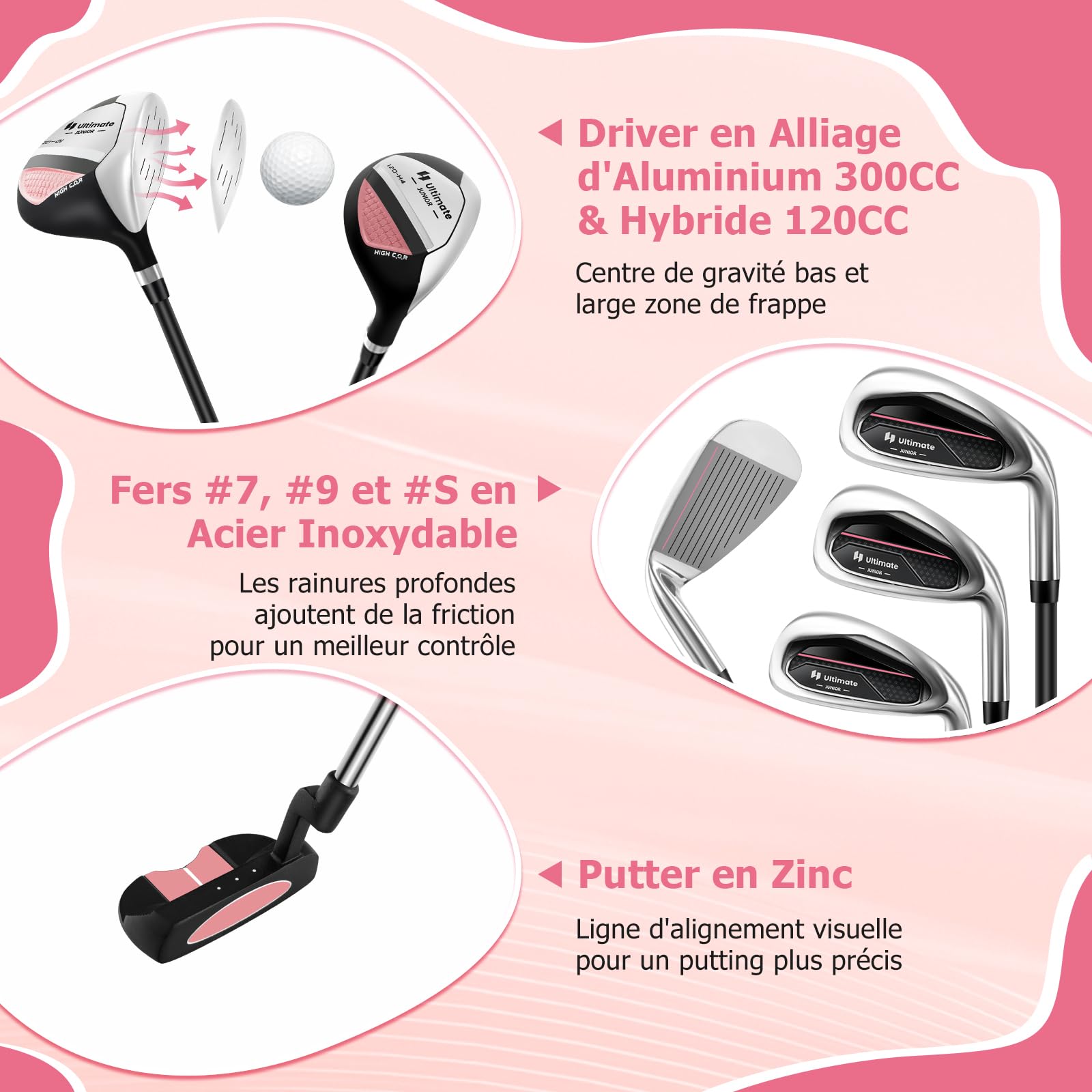 GYMAX Ensemble de Clubs de Golf pour Enfants, Sac de Golf avec Support Droit, Fairway n°3 avec Couvre-Club, Fers n°7 et #S, Putter, Capuche Anti-Pluie, pour Garçons et Filles 5 à 7 Ans