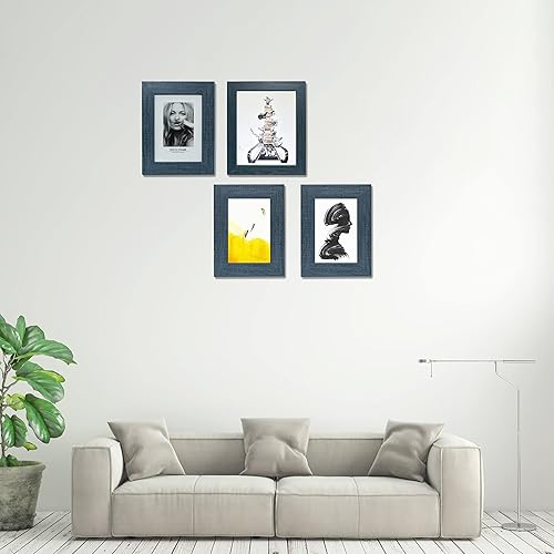 Miniatura 5 de XUANLUO Paquete de 4 portarretratos rústicos de 5 x 7 pulgadas con grano de madera azul envejecido, imágenes de 4 x 6 pulgadas con paspartú o 5 x 7