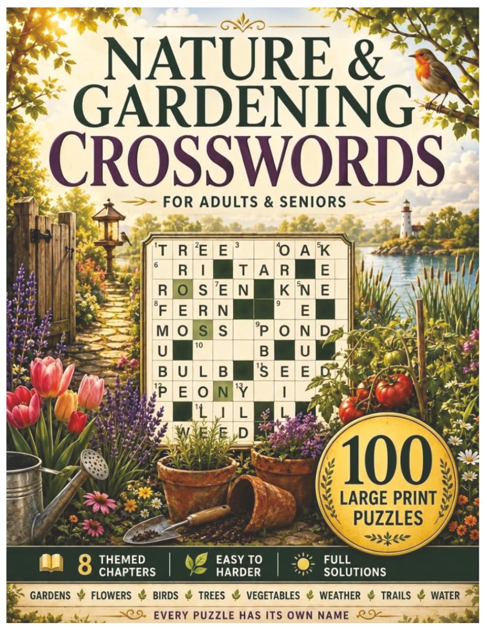Nature & Gardening Crosswords for Adults and Seniors: 100 Large Print Puzzles in 8 Themed Chapters — Gardens, Flowers, Birds, Trees, Vegetables, ... | No Obscure Words, Every Puzzle Named