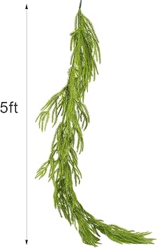 5FT Realistic Norfolk Pine Christmas Garland, Artificial Green Garland for Fireplace, Stairs, Doors & Windows, Indoor Outdoor Holiday Decorations, PE Material with Hanging Loops(5ft)