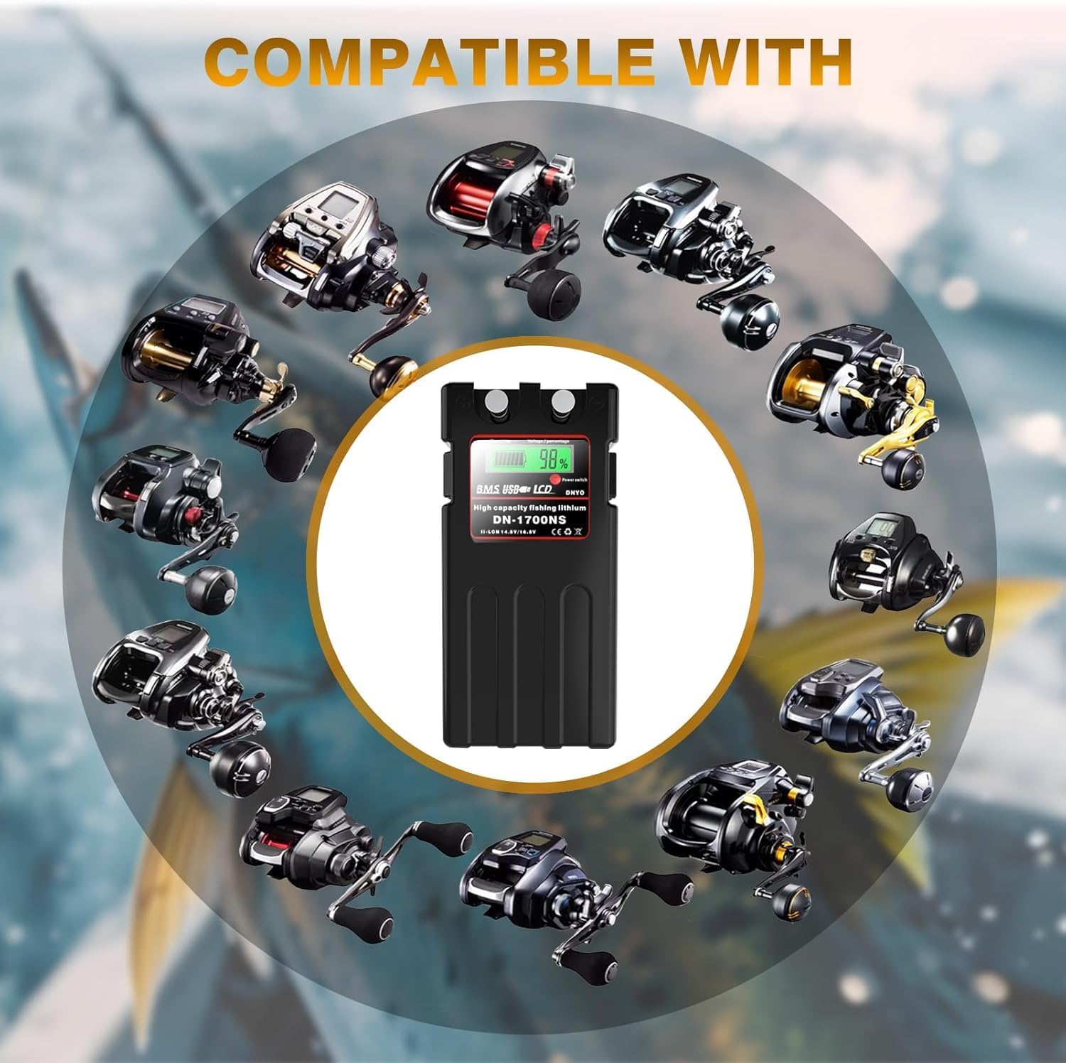 14.8V14000mAh Electric Fishing Reel Battery for Daiwa/Shimano Electric Reels with Dual USB Ports, Overcharge and Overload Protection with Quick Charger