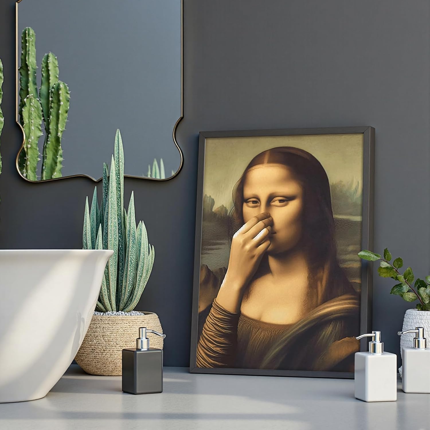 Funny Bathroom Wall Art, 16X20 Inch Black Frame Humor Mona Lisa Holding Nose Poster, Vintage Whimsical Toilet Picture Canvas Print, Boho Home Wall Decor For Bathroom Toilet Washroom Ready To Hang