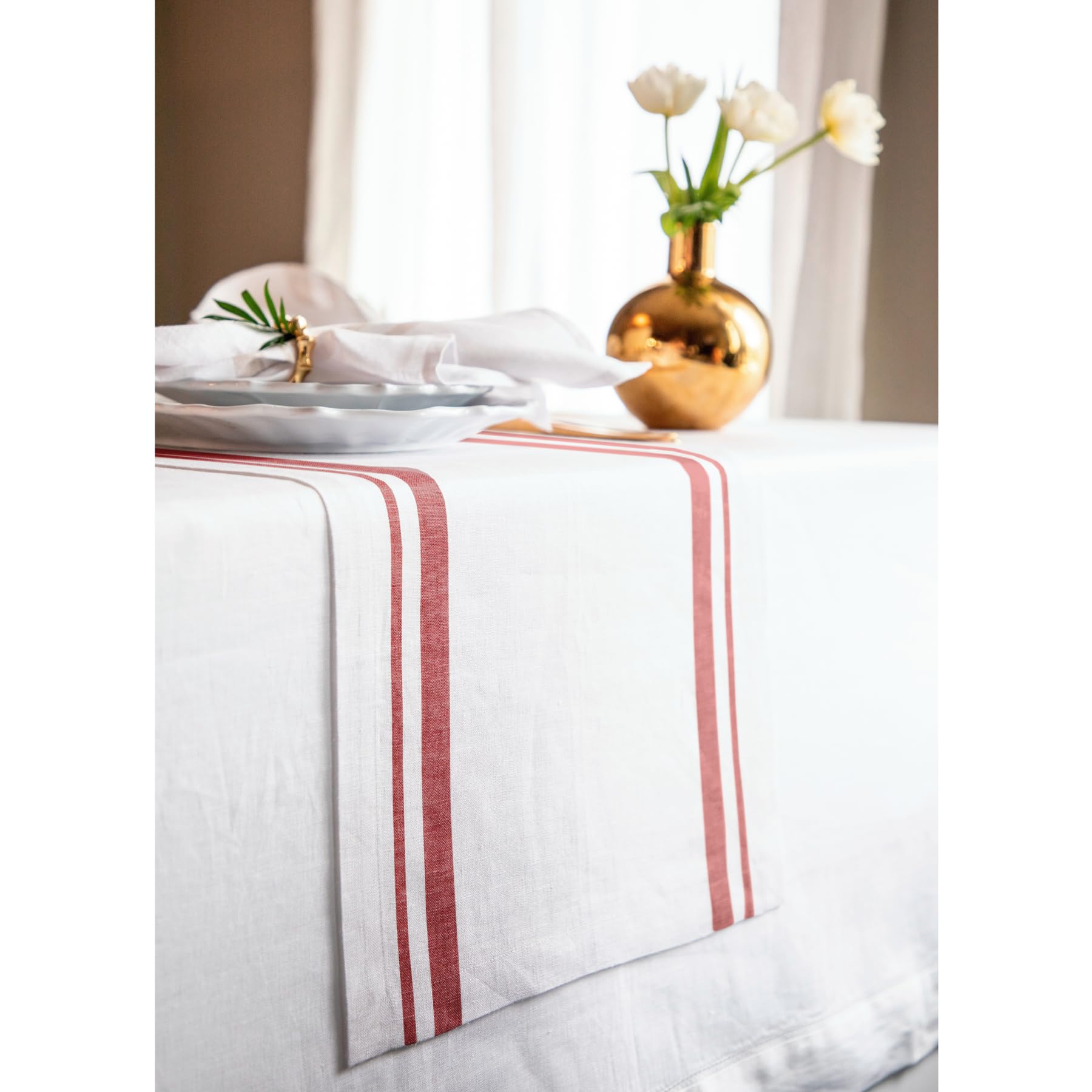 Solino Home Camino de mesa de lino a rayas francesas de 14 x 36 pulgadas, 100 % lino puro, rojo y blanco, lavable a máquina, camino de mesa de comedor de granja