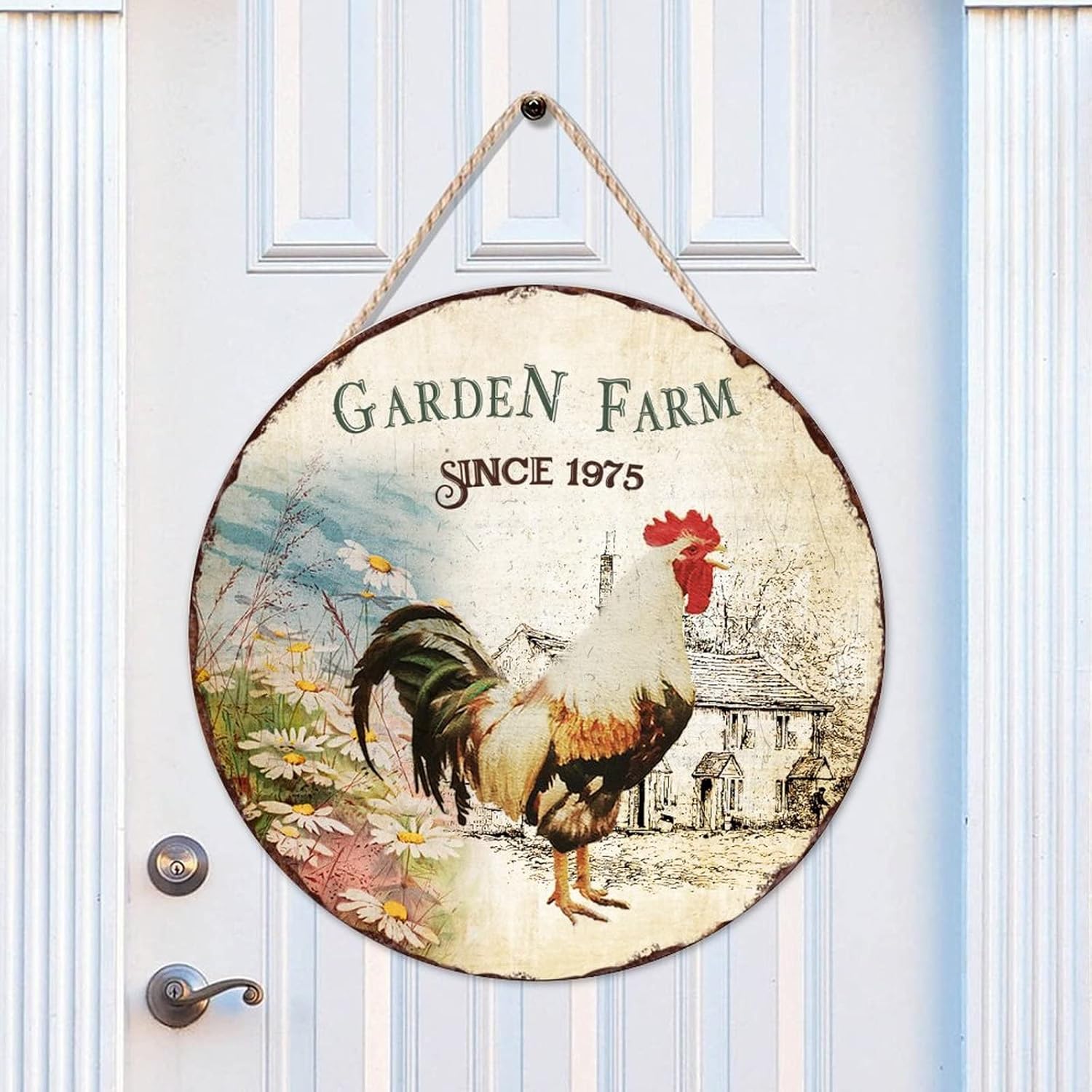 Retro Round Door Hanger Sign, Garden Farm Since 1975 Wood Door Sign, Rustic 16x16in Wall Hanging Sign Plaque for Front Door Farmhouse Porch Housewarming Gifts