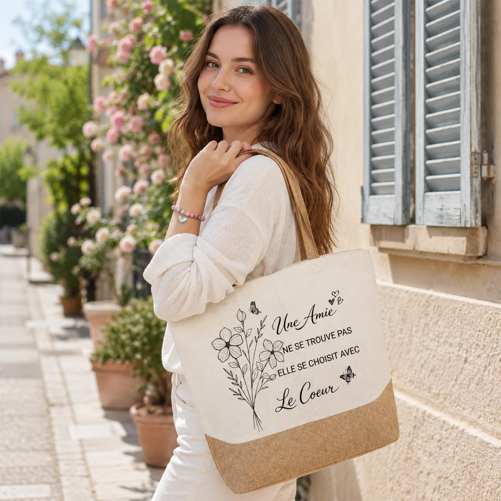 Cadeau Meilleure Amie Tote Bag Sac en Toile Jute Cabas avec Porte-Clés et Bracelet