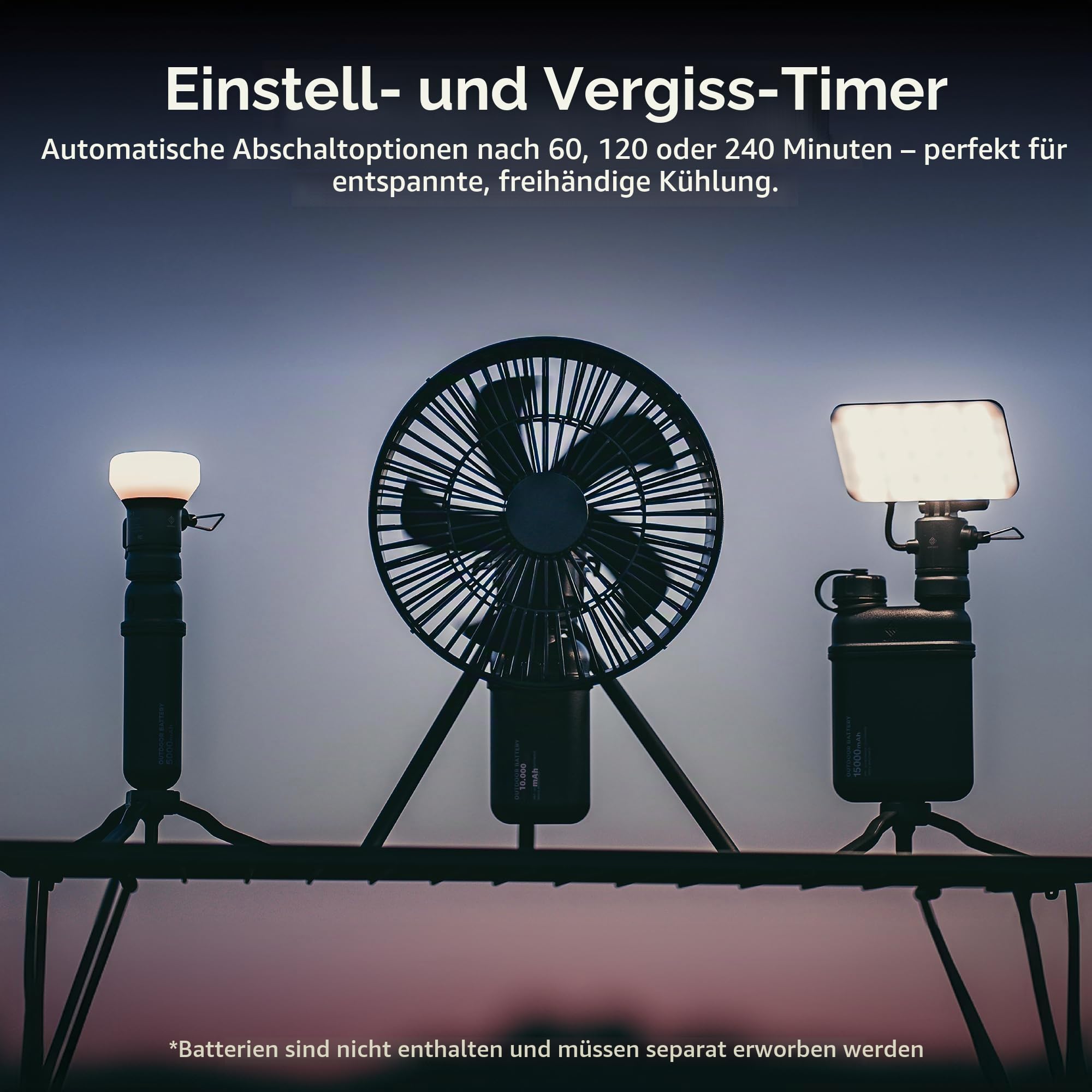 エレコム(ELECOM) NESTOUT Outdoor Camping Fan with Tripod, 4 Speed Settings & Breeze Mode, 3 Angle Oscillation, 90° Adjustable Tilt, Auto Timer (30/60/90 mins), USB C Compatible, Portable Tent Fan (Black)