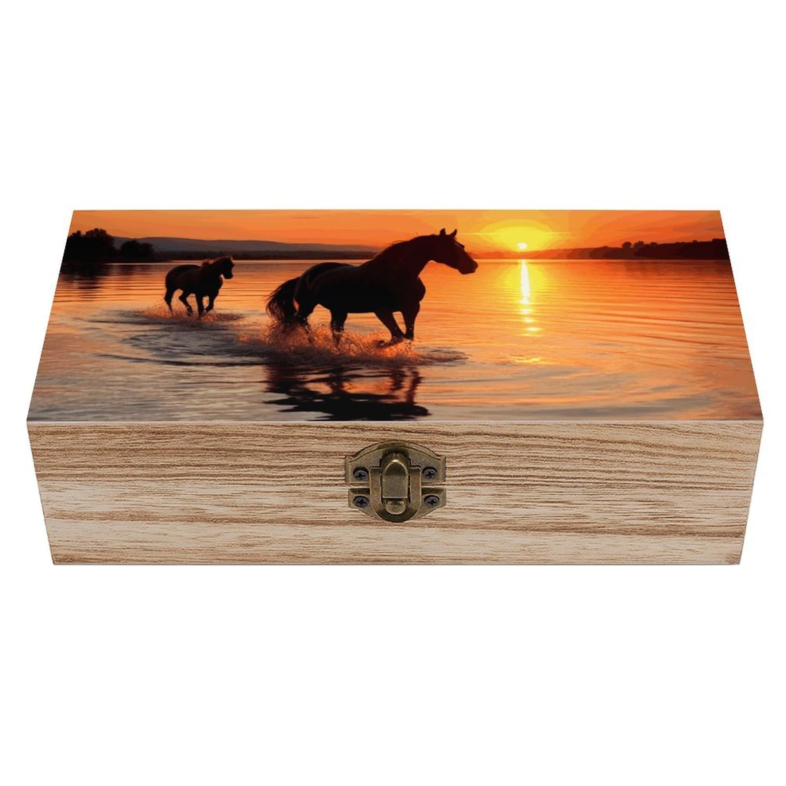 Sunsets Lake Horses Wooden Storage Box Exquisite Durable Wood Gift Case Sturdy Vintage Jewelry Wooden Chest for Art Hobbies Storage Keepsake Gift