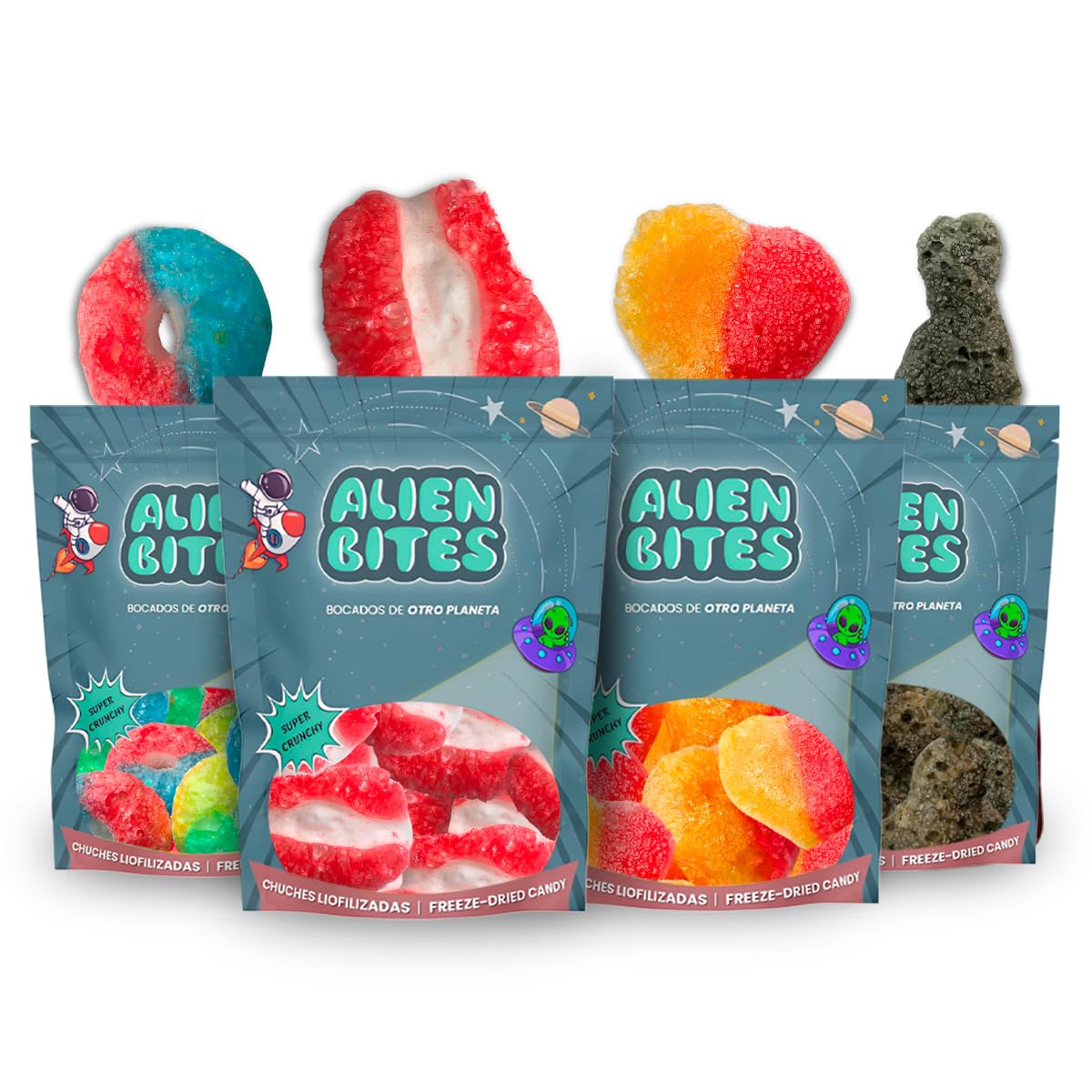 Alien Bites Pack de 4 Bolsas de 50g Chuches Liofilizadas Gominolas Freeze Dried Sin gluten