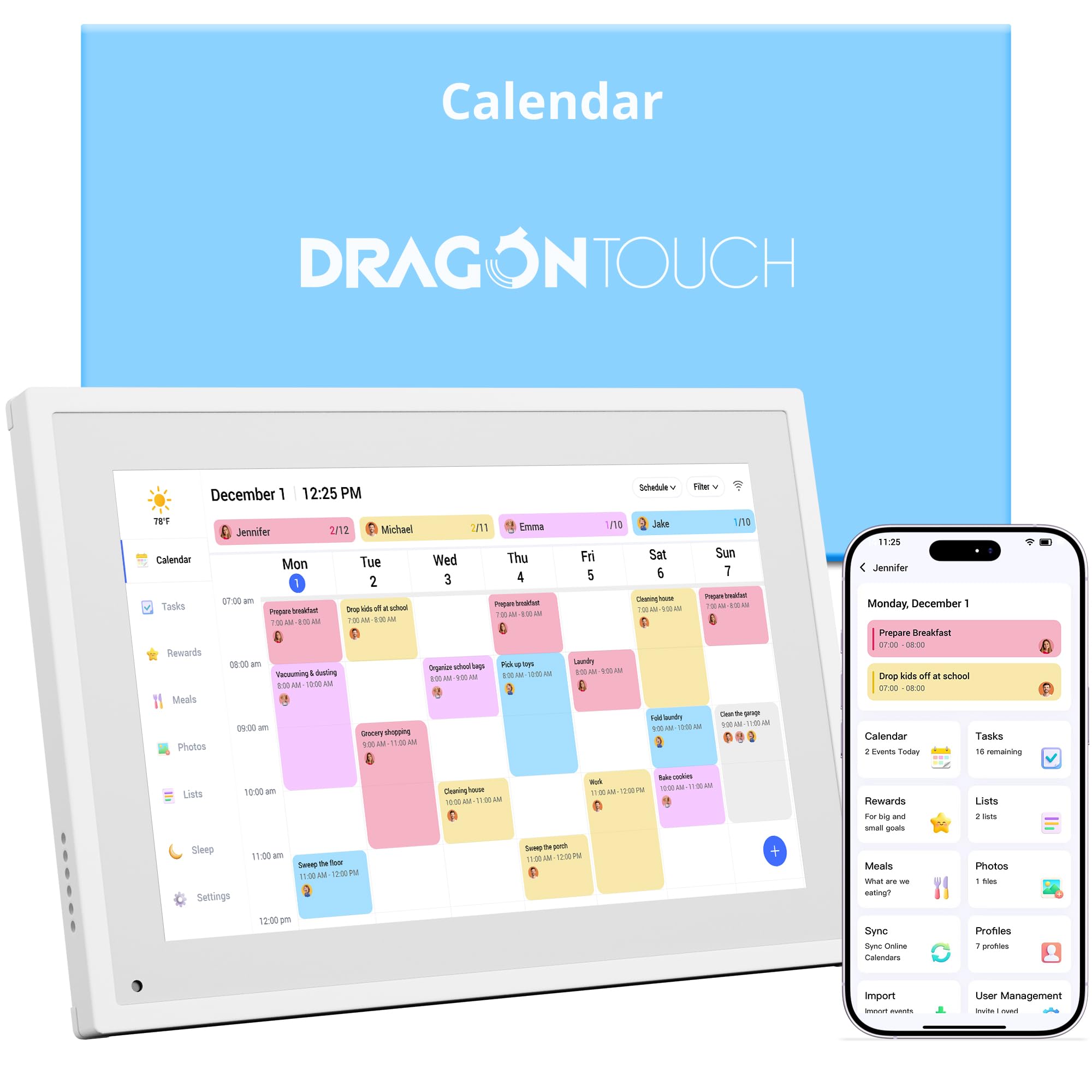 Dragon Touch 10.1" Digital Calendar Chore Chart – Interactive Touchscreen, Smart Family Planner, Hearth Display Desk Digital Calendar Seamless Scheduling