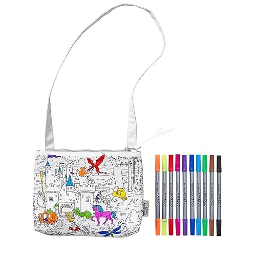 eatsleepdoodle Fairy Tale Coloring Crossbody Bag for Kids w/ 10pk Washable Markers for Kids - 8.5x7in Kids Color-in Crossbody Bag