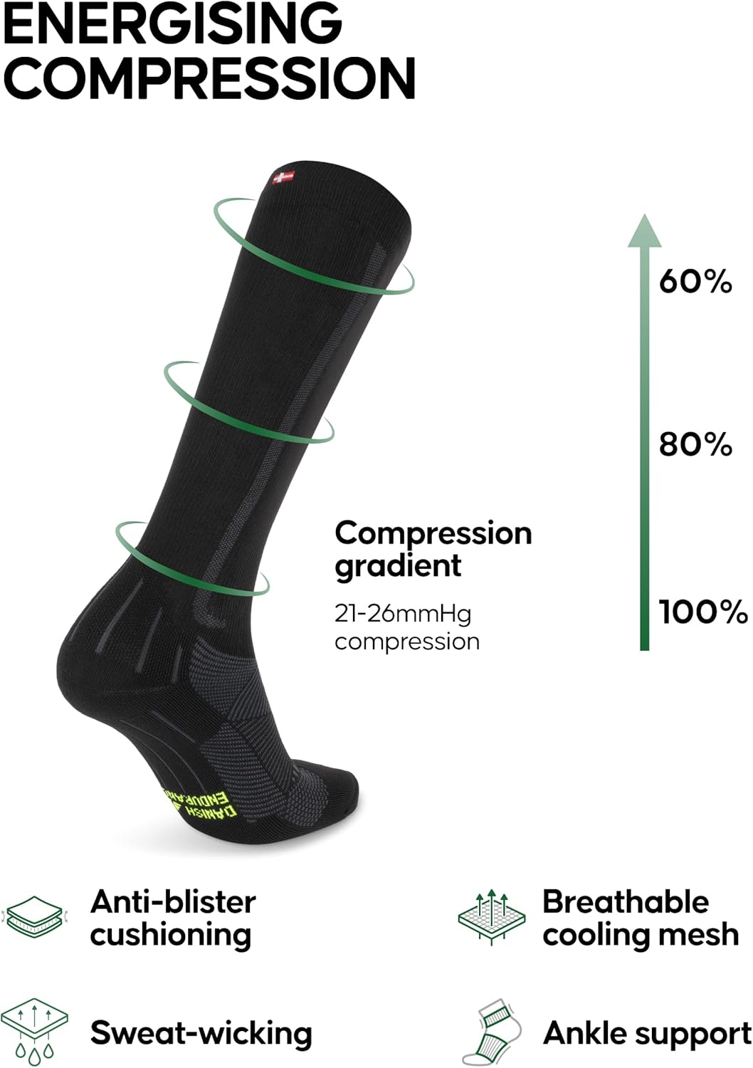 DANISH ENDURANCE 21-26 mmHg Compression Socks | Graduated Support & Faster Recovery | Running & Travel | Unisex 1 & 2 Pack - Image 2