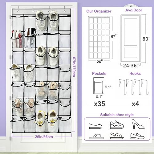 Miniatura 4 de Organizador de zapatos de 35 bolsillos grandes sobre la puerta, estante de zapatos colgante de tela Oxford extra resistente para armario de puerta,