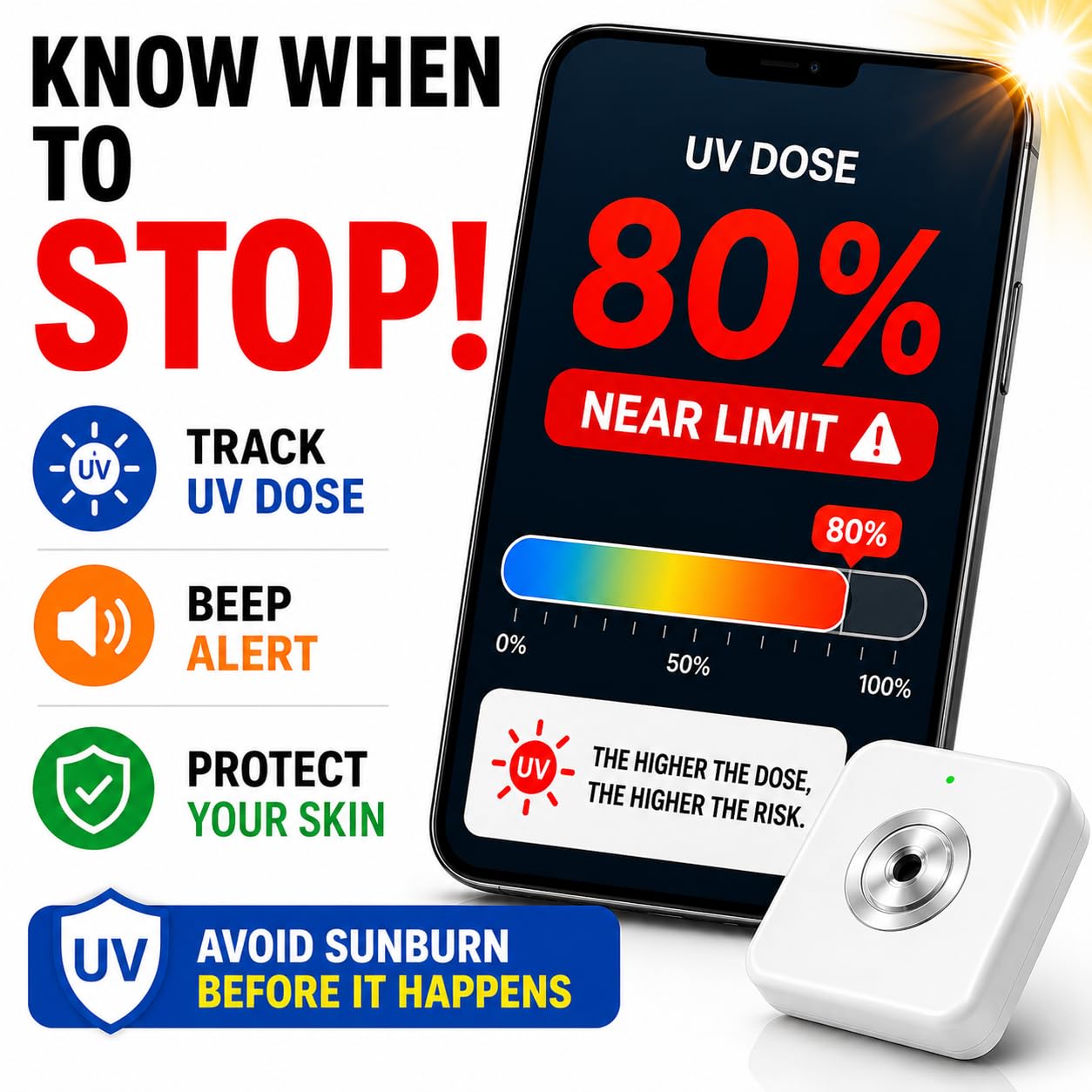 Medidor de índice UV con Alarma de dosis (0–22 UVI), Aviso sonoro Cuando los Niveles UV Son peligrosos, aplicación Bluetooth, medición de exposición UV al Aire Libre