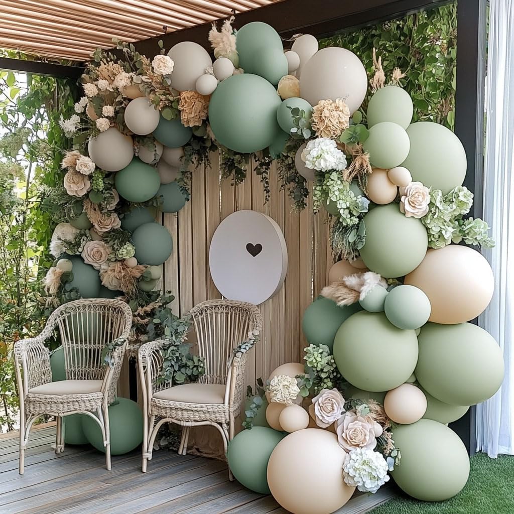Dusty Green White Sand Balloon Garland - Double Stuffed Light Sage Green White Cream Balloon Arch Kit Latex Olive Beige Balloons for Baby Shower Birthday Woodland Wedding Wild One Party Decor