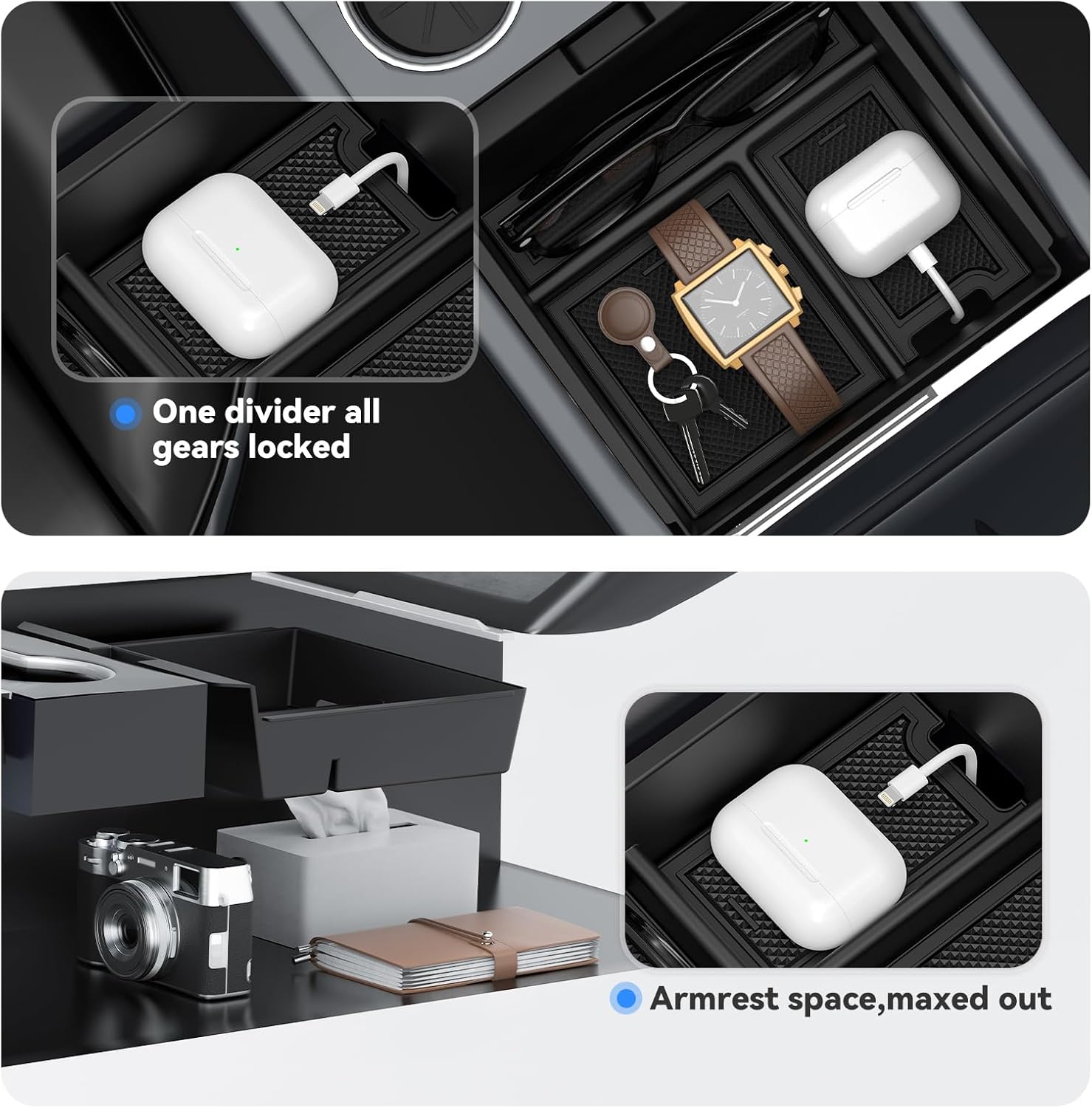 5PCS Upgraded Center Console Organizer Tray for 2026 Tesla Model Y Juniper Accessories 2025 / For Tesla Model 3 Accessories 2025 Highland, Hidden Storage Box, Cup Holder, [Shockproof, No-Noise], Black
