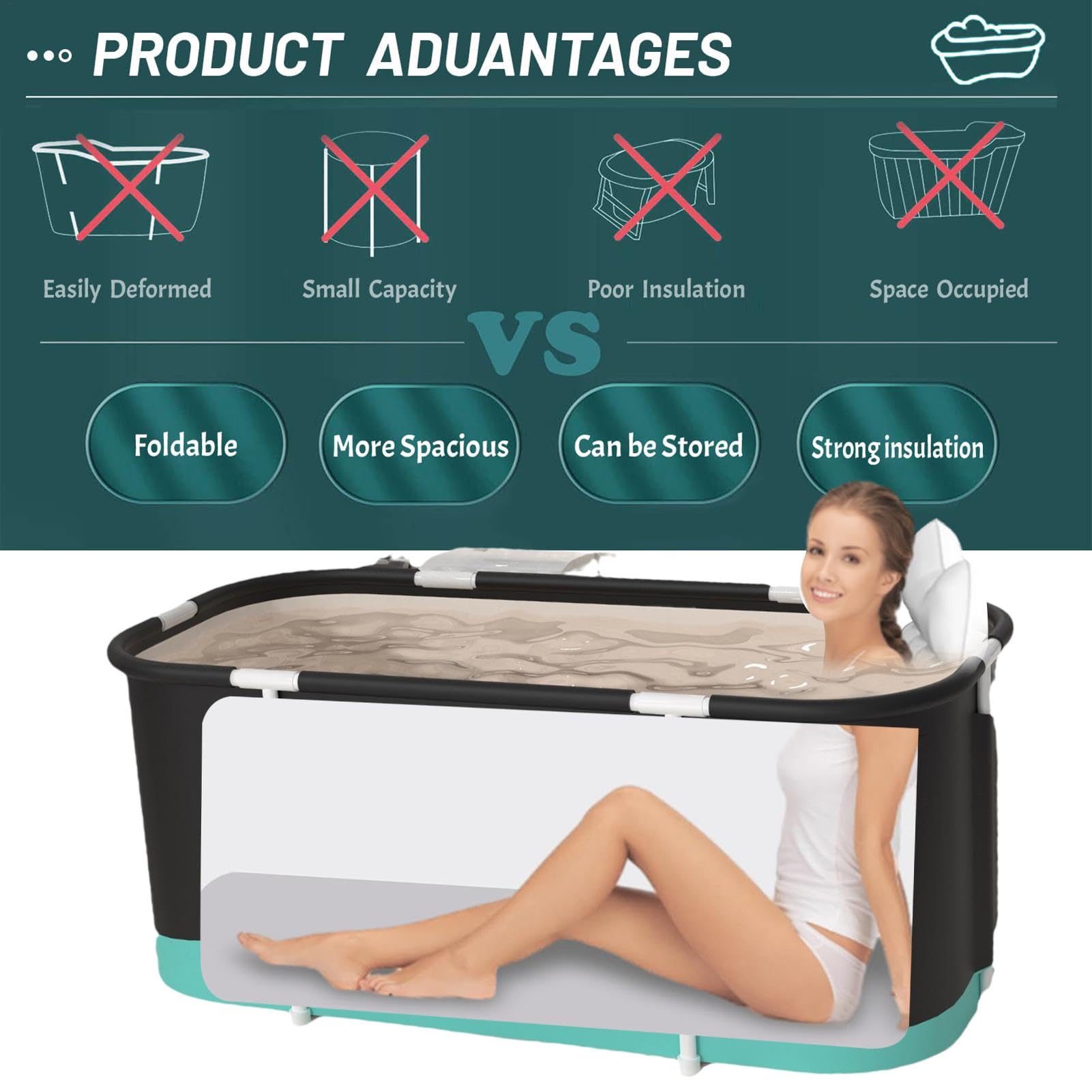 Vasca da bagno portatile, vasca da bagno a immersione, 110 x 60 x 50 cm, vasca da bagno pieghevole, vasca da bagno con ghiaccio, vasca da bagno separata per la famiglia, vasca idromassaggio per box
