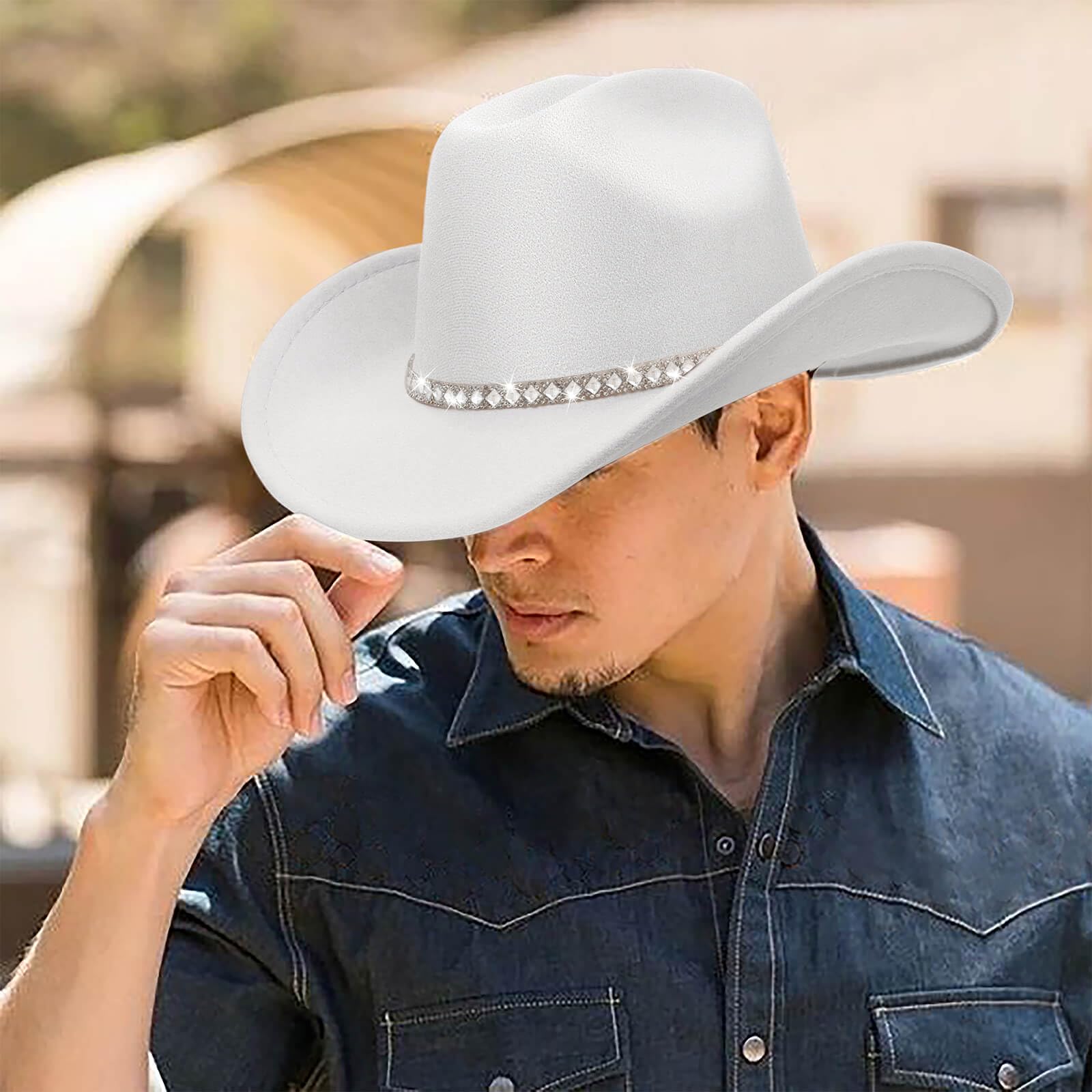 DRESHOW Sombrero de Vaquero para Mujers y Hombres Sombreros de Vaquero Western del Brillo del Borde Ancho con Rhinestone Fedora de Fieltro Unisex Enrollado Caps
