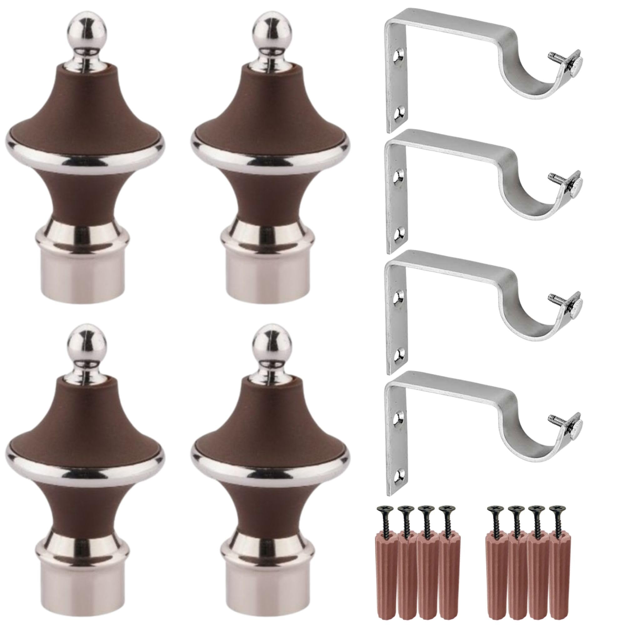 GRIVAN Stainless Steel & ABS Curtain Bracket Parda Holder with Support 1 Inch Rod Pocket Finials Designer Door and Window Rod Support Fittings, Curtain Rod Holder (Dark Brown, Pair of 2)