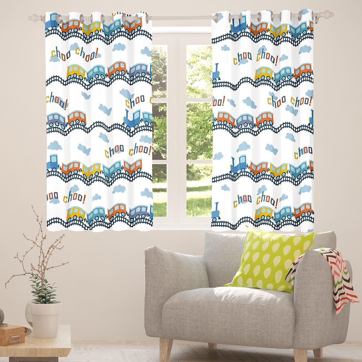 Bunte Zug Vorhänge Cartoon Auto Fenster Vorhang Blaue Zug Tracks Wolke Fenster Vorhänge Kinder Jungen Mädchen Teens Zimmer Dekor Transport Fahrzeuge Fenster Behandlung Vorhang,Top 2 Panel,L Größe