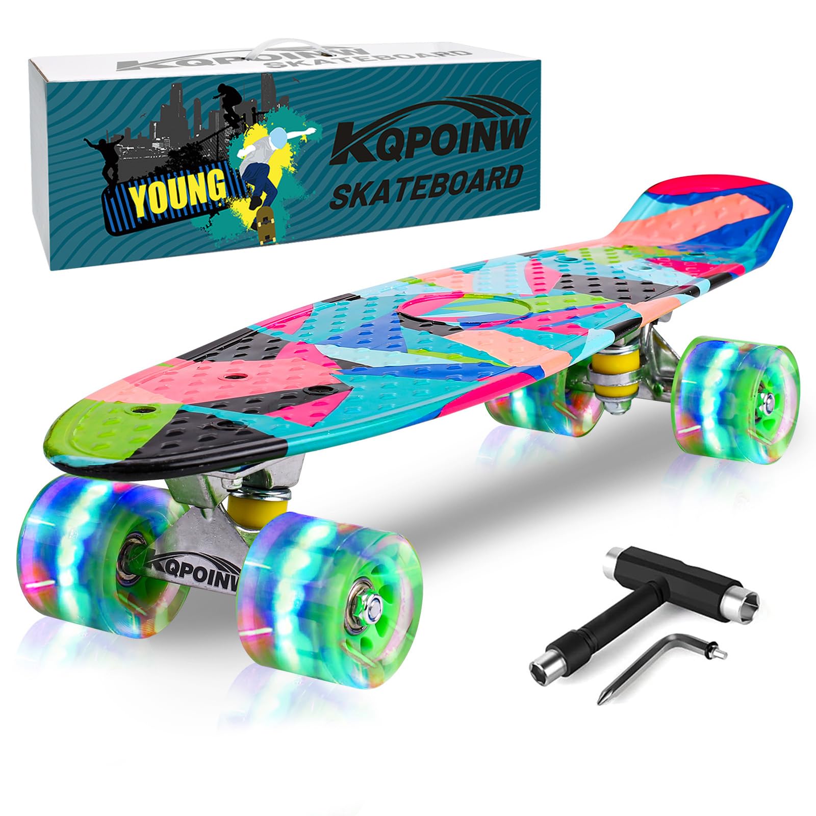 KqpoinwSkateboards, 22" Complete Skateboard, Mini Cruiser Skateboard for Kids Boys Girls Teens Beginners with Colorful Flashing Wheels Skate Tool, Kids Children's Day Gift