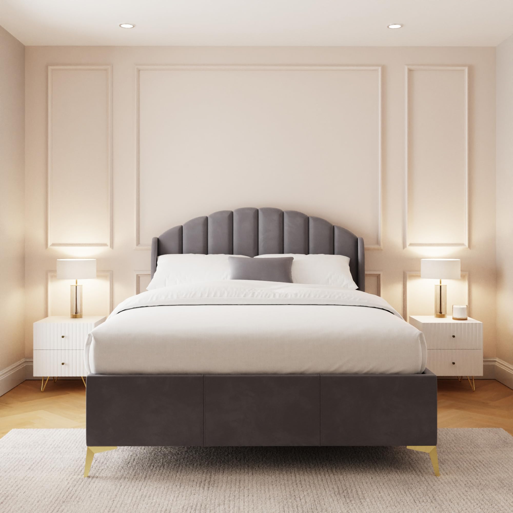 GFW Pettine 5ft King Size Grey Upholstered Ottoman Bed Frame, Velvet Fabric Storage Bed with Scalloped Winged Headboard and Gold Effect Legs