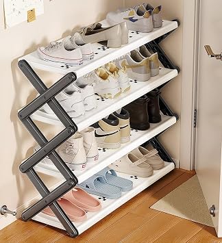 funest Foldable 4-Tier Shoe Rack, Narrow Freestanding Shoe Stand, Portable Storage Organizer for Hallway, Bedroom & Wardrobe, Vertical Storage