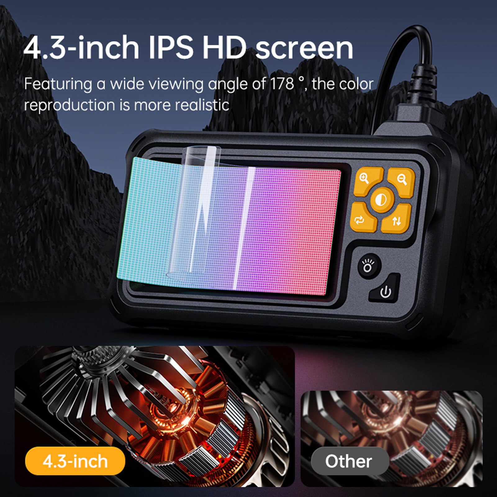 Kamera Endoskopu z światłem, Podwójny Obiektyw 8 Mm 1080p HD Borescope z Ekranem 4,3 Cala, 8 Regulowanych Diod LED, Kabel Pół-szorstki, IP67 Wodne Odporne na kontrolę (5M / 16,4 stopy)