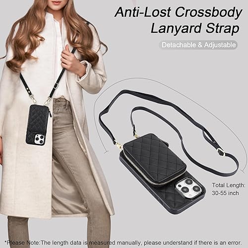 Miniatura 5 de Bocasal Funda tipo cartera cruzada para iPhone 15 Pro Max, con bloqueo RFID, de piel sintética, con cremallera, funda tipo cartera con función atril