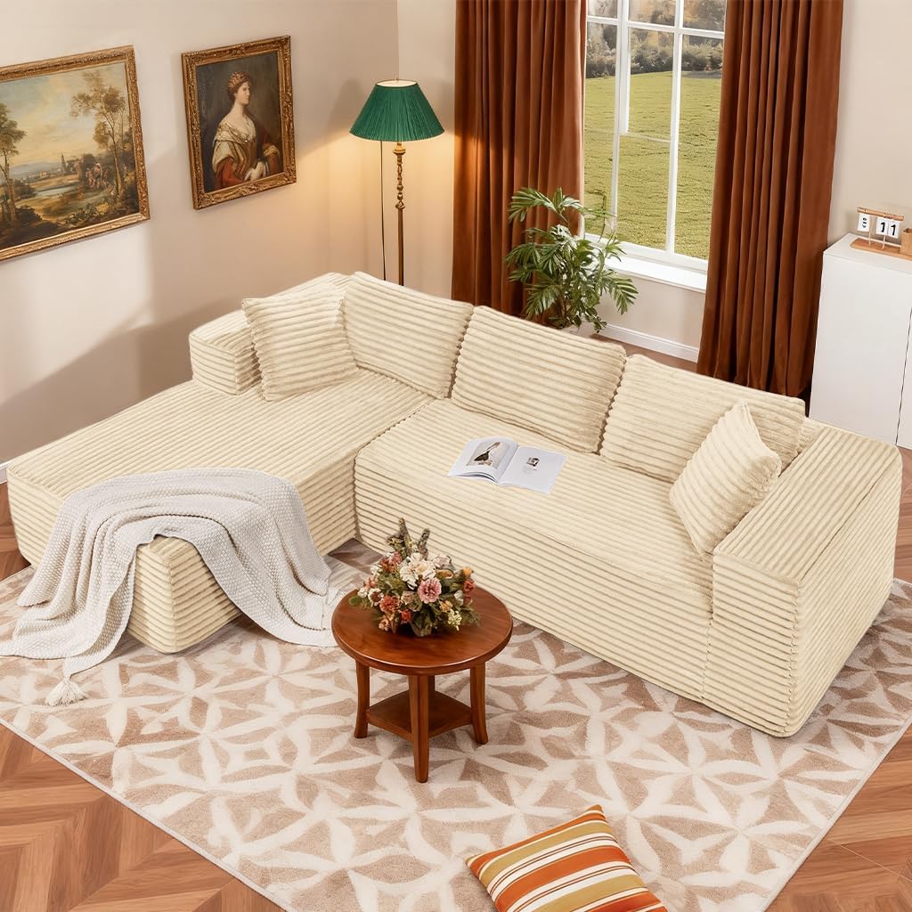 COMHOMA 105”Modular Sectional Sofa with Deep Seat,Cloud Upholstered L-Shape Couch Wide Arms Corduroy Fabric High-Density Foam Chaise Lounge for Living Room No Assembly Required