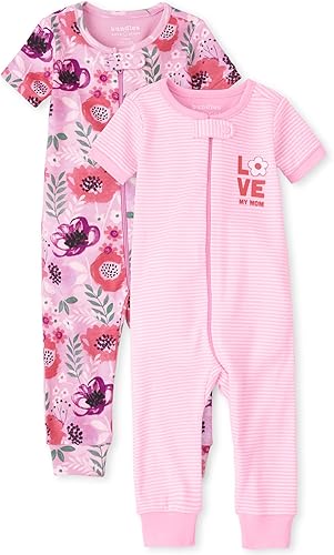 The Children's Place Pijama de una pieza con pies y cremallera frontal de algodón con estampado floral y estampado floral para niñas (2 unidades)