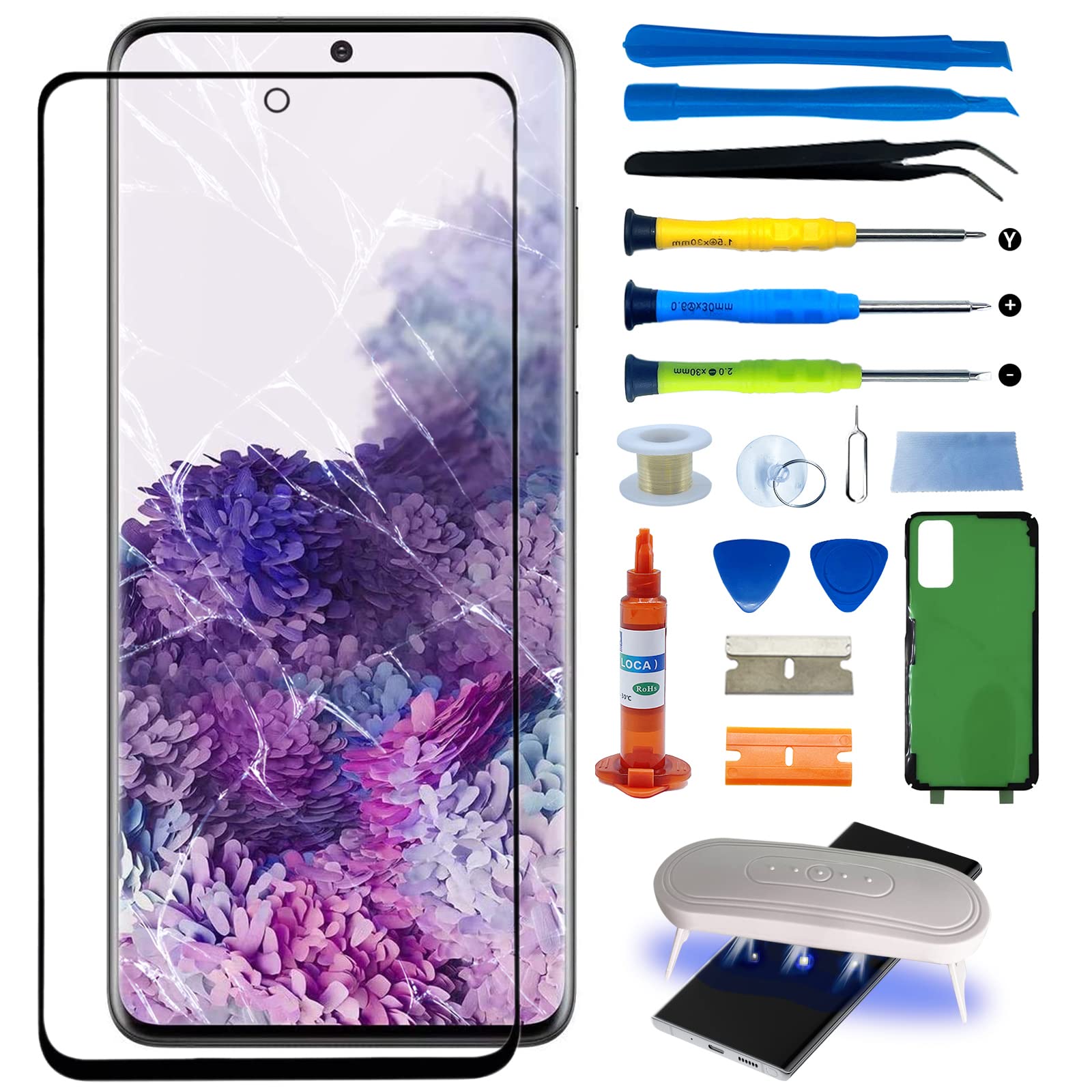for Samsung Galaxy S20 Ultra Front Glass Repair Kit Screen Replacement Outer Glass Screen incl Waterpoof Frame Adhesive,Repair Glue and Lamp Tool Kit(No Digitizer,No LCD) 6.9 inch