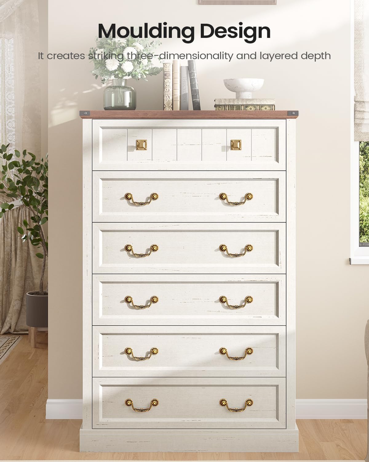 AOGLLATI Farmhouse Dresser with 6 Drawers, 51.2”Tall Wooden Rustic Chest of Drawers with Natural Texture, Vintage Design, Bedroom Dressers with Drawers for Bedroom, Antique White - Image 5