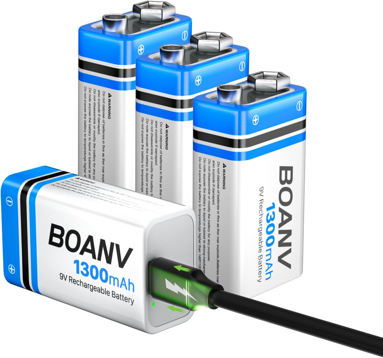 BOANV 4PCS 1300mAh 9V Rechargeable Batteries, 9V Rechargeable USB Lithium Long Lasting Battery, with 2 in 1 Charging Cable, for Smoke Detectors, Alarms, Keypad, Microphone