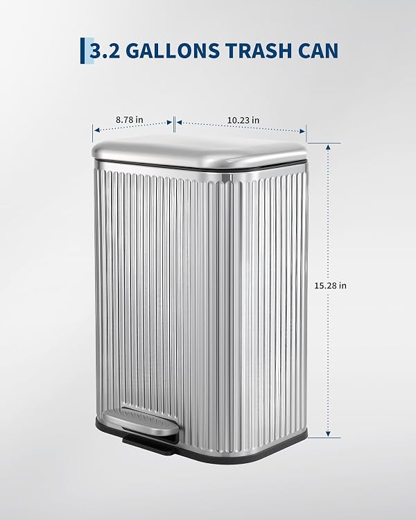PrecisionAuto 12L Silver Stainless Steel Trash Can with Lid, Soft-Close Step Garbage Bin, Fingerprint-Proof Rectangular Wastebasket with Removable Bucket for Bathroom & Office by PrecisionAuto - Used condition - Image 2