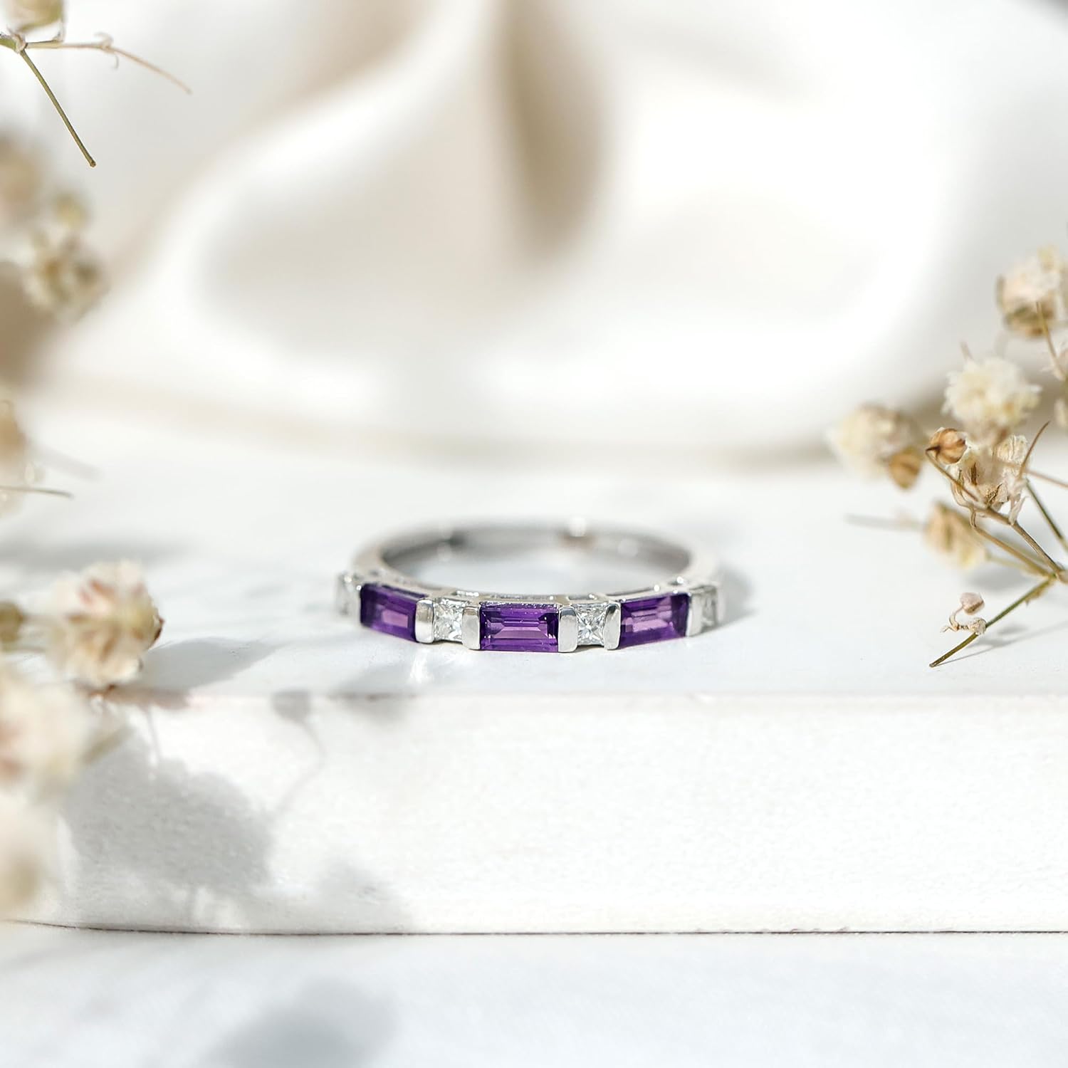 Natural Amethyst Anniversary Ring for Women, Aaa Quality, Certified Amethyst Diamond Wedding Band - Ideal For Gift