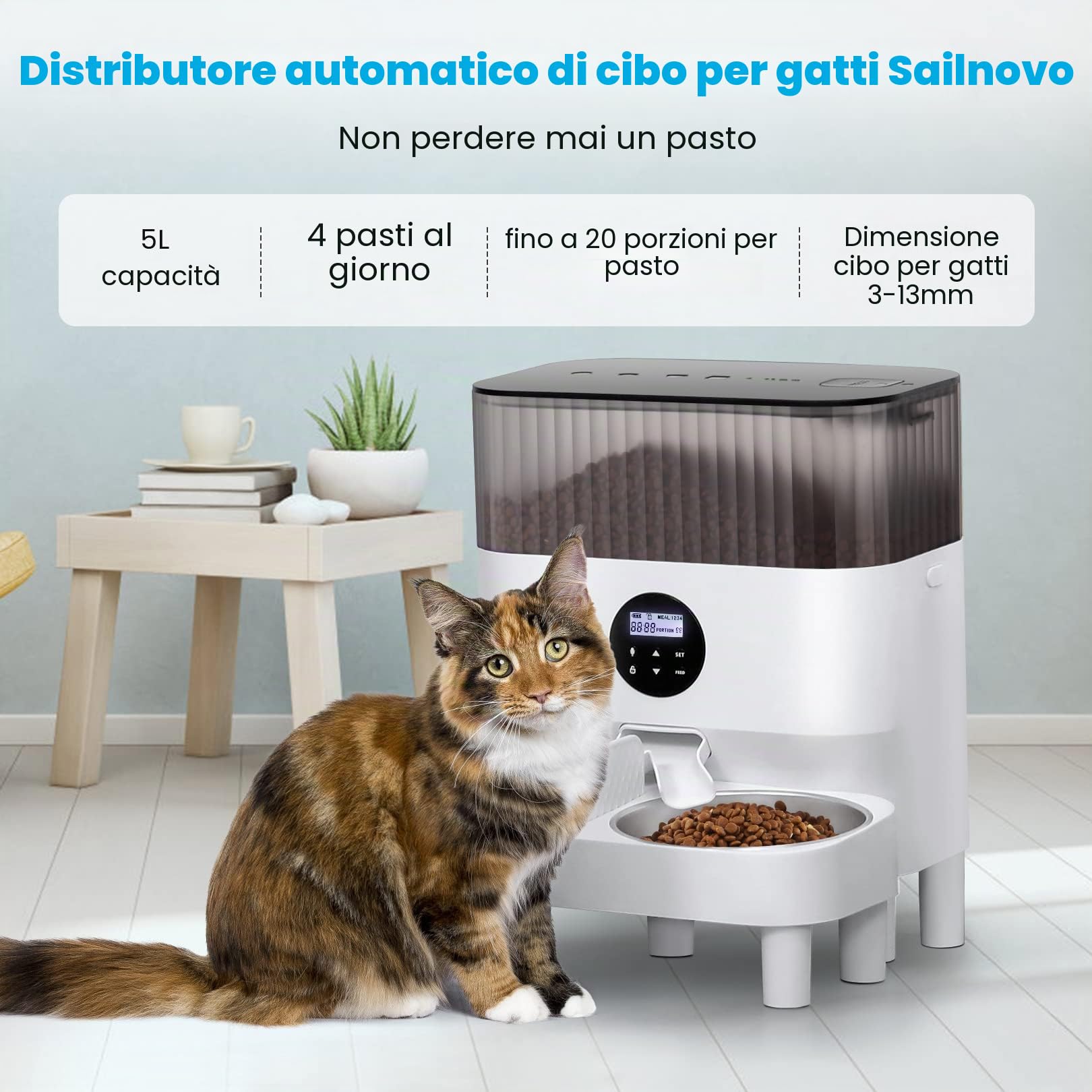 Sailnovo Mangiatoia automatica per due gatti, cibo intelligente per gatti automatico, promemoria vocale, fino a 80 porzioni e 4 pasti al giorno per gatto e cane, bianco 5L