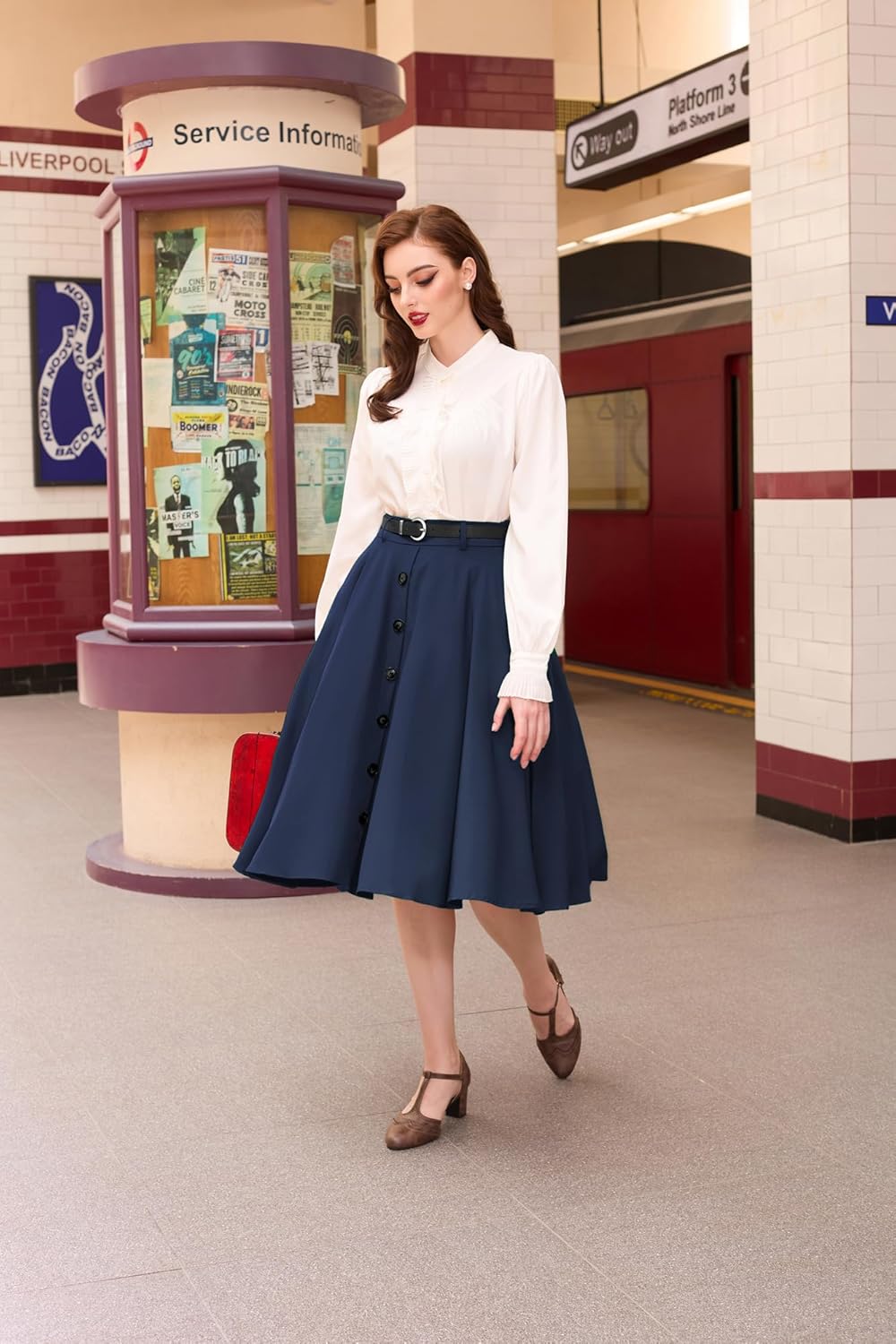 Belle Poque Women's Vintage Stretch High Waist A-Line Flared Midi Skirts with Pockets & Belts - Image 3