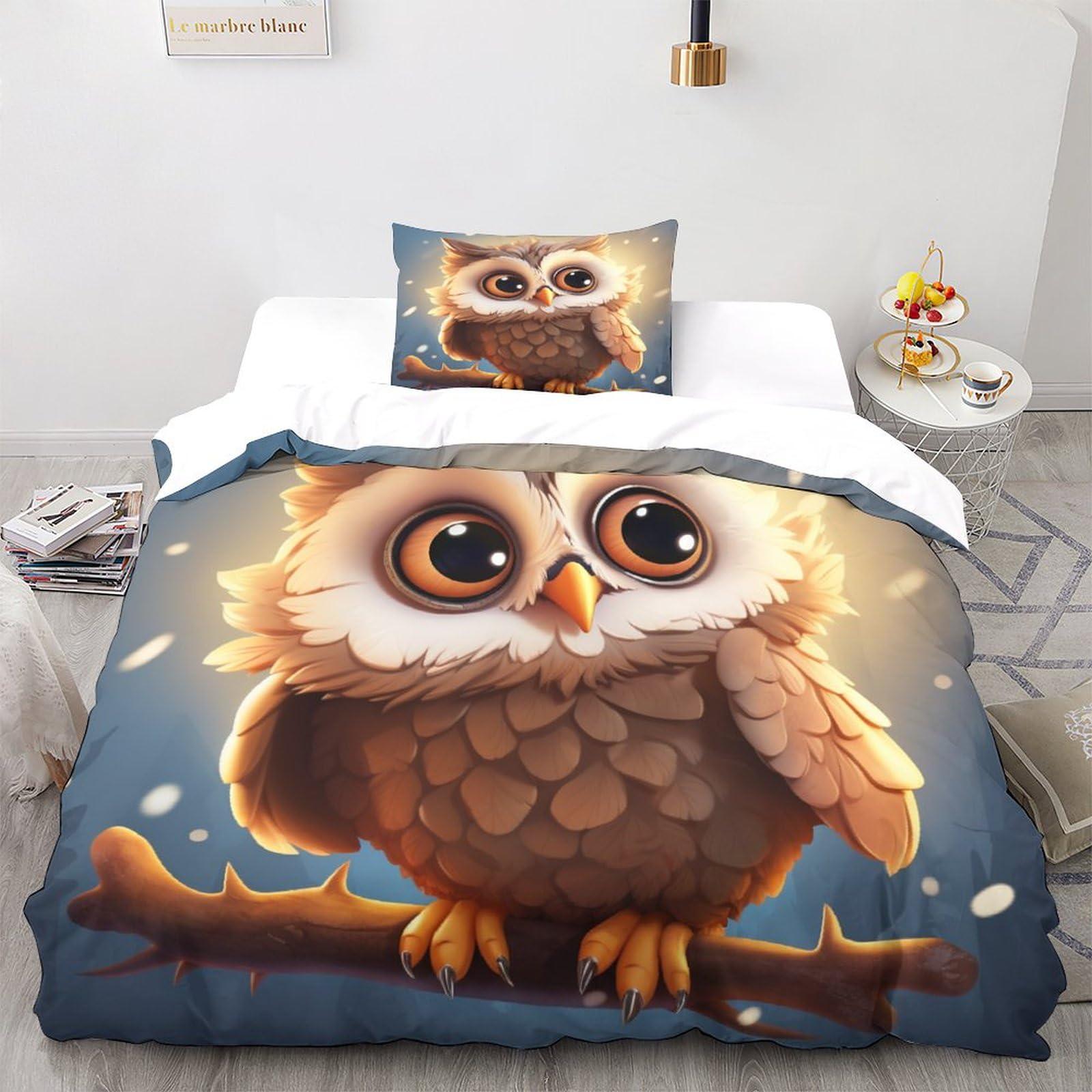 Parure de lit hiboux housse de couette oiseau en microfibre LOUSON pour lit simple 135x200