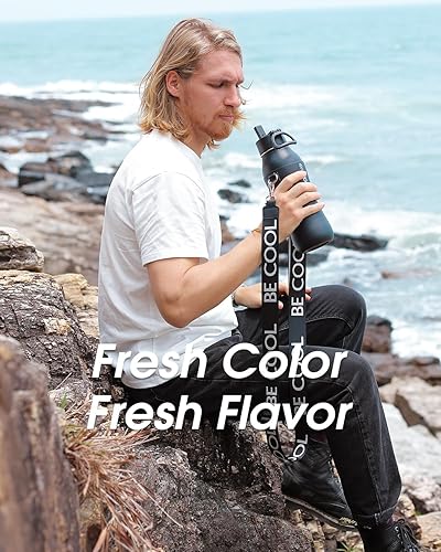 Miniatura 6 de Coolflask Botella de agua aislada de 32 onzas, botella de agua con popote y correa, botella de agua de acero inoxidable de metal de doble pared al