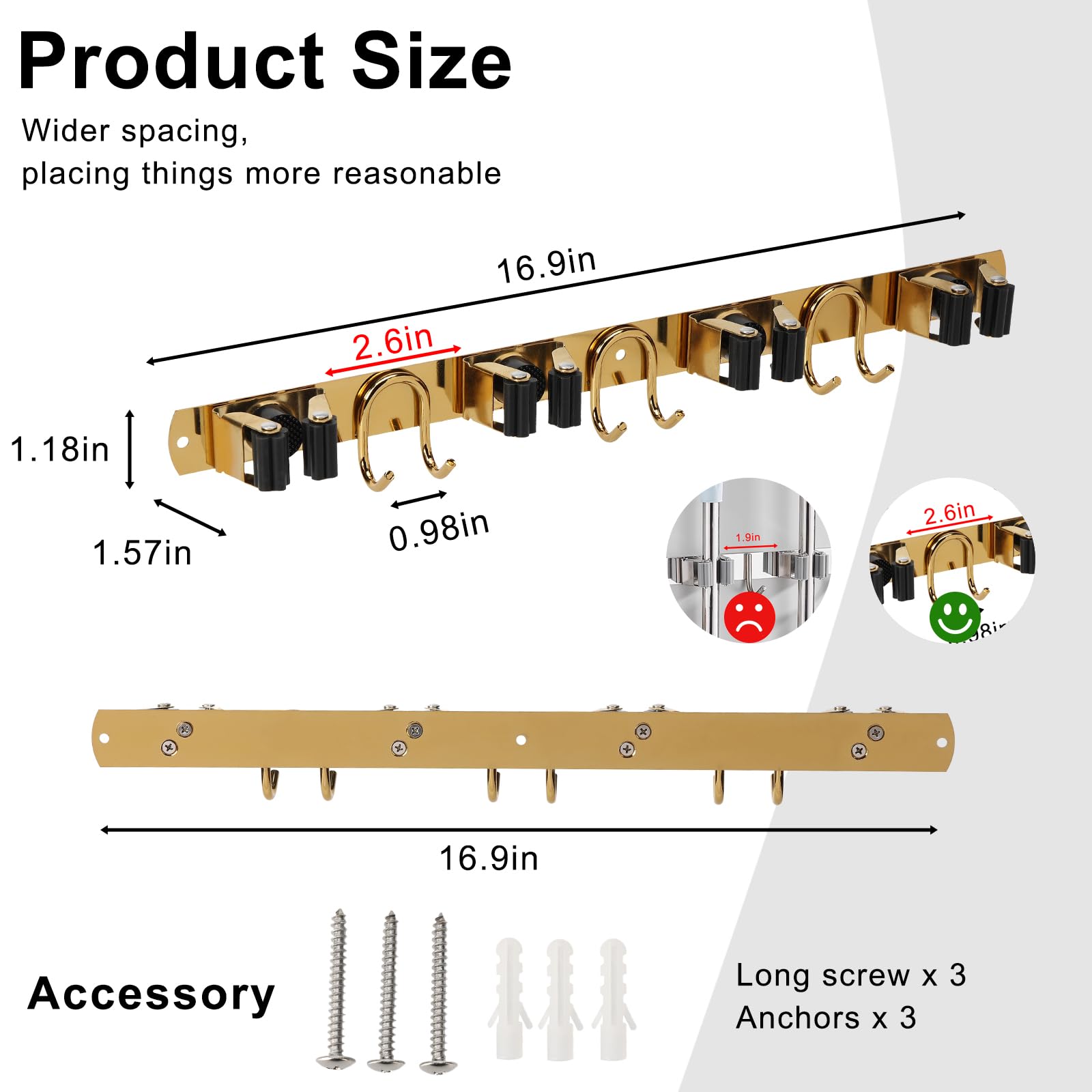 Soporte de pared para escoba, organizador de almacenamiento de herramientas de acero inoxidable dorado para cocina, jardín, garaje, lavandería, baño y caravana, con 4 ranuras, 6 ganchos