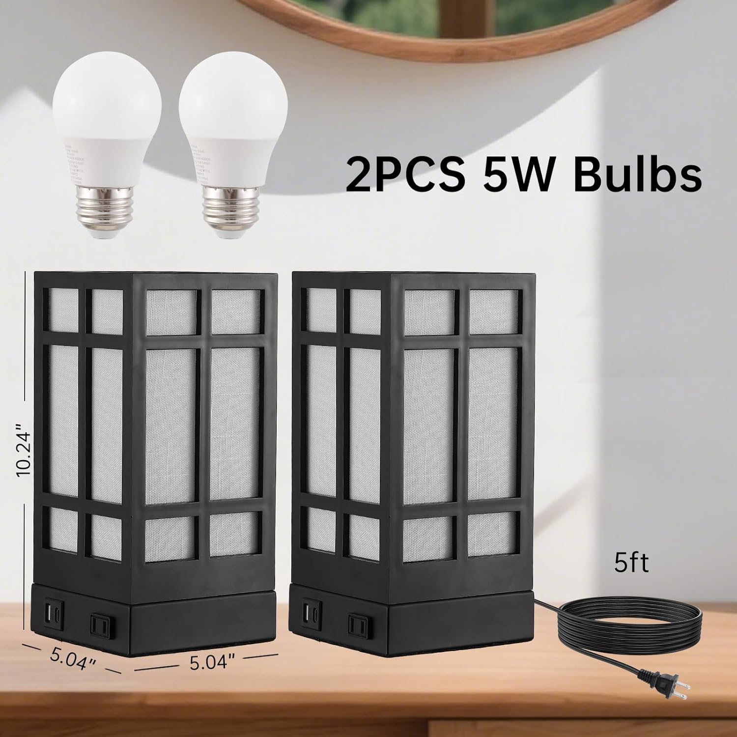 Beside Table Lamp set of 2 with AC Outlet, USB A & C Charging Port,Small Rectangular Nightstand Lamp with Bamboo Linen Shade,LED Bulbs Included,Tabletop Reading Lamp for Living Room/Dorm/Office