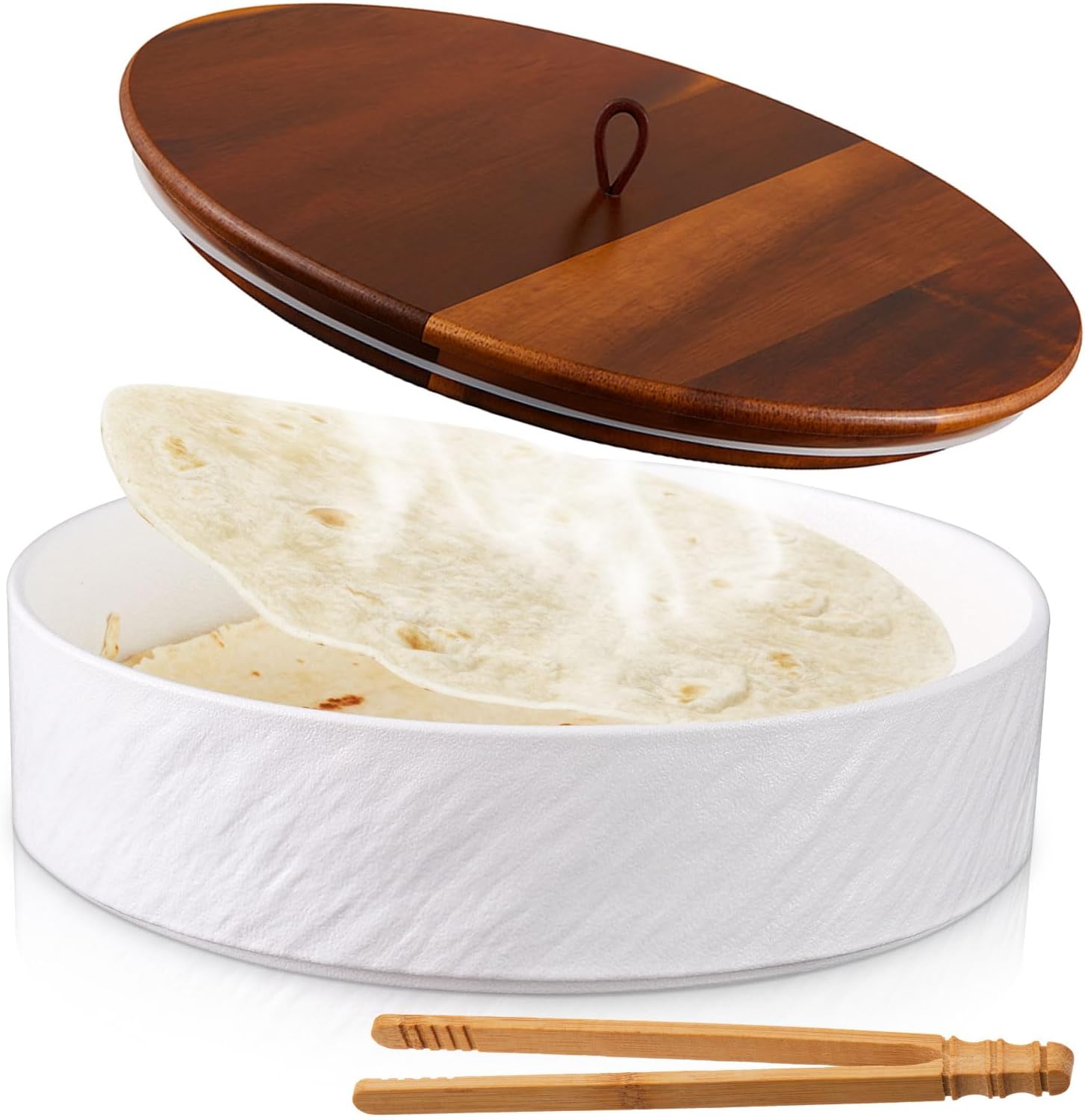 Ceramic Tortilla Warmer with Lid, 9 Inch Tortilla Holder, Premium Acacia Wood Lid, Insulated Bread Pancake Warmer Keeper Pancake Waffle Food Container for Picnic Rv Lunch Trip Kitchen