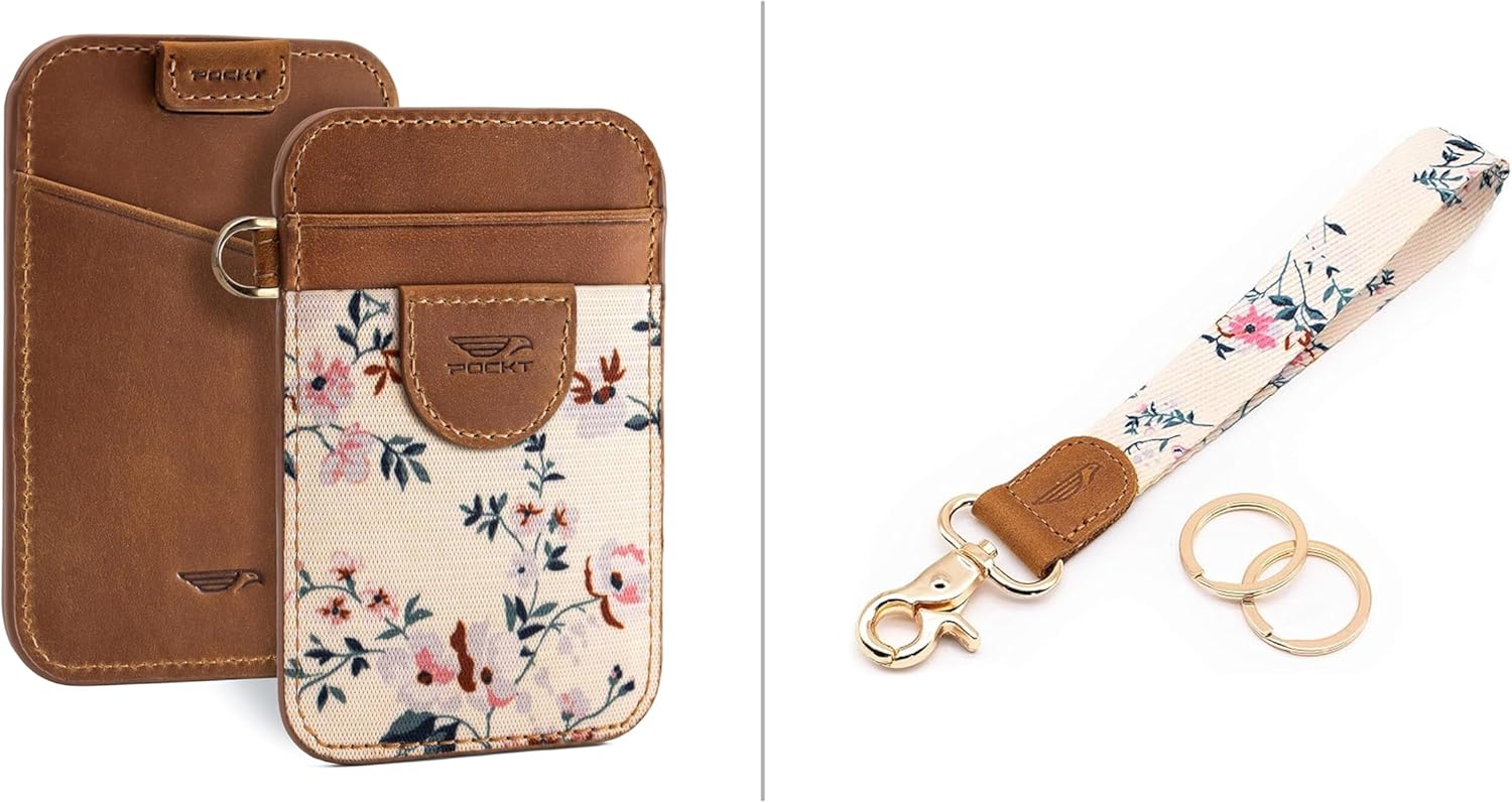 POCKT Slim Card Holder Wallet + Wrist Lanyard for Keys Bundle for Women | Bloom