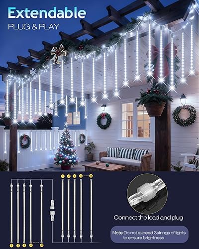 Miniatura 6 de PEMOTech Luces de Navidad para exteriores, 16 tubos 576 LED de 16 pulgadas, luces de lluvia de meteoritos al aire libre, luces de carámbano