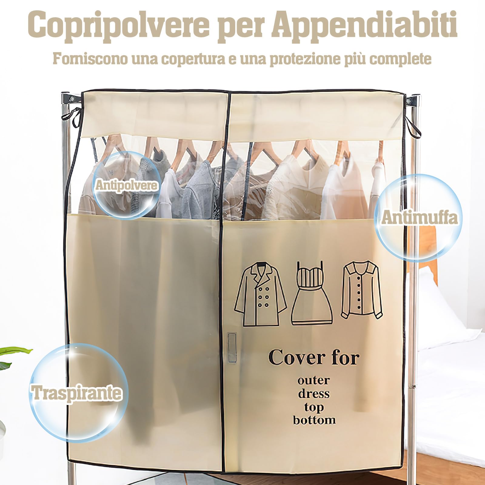Copriabiti Antipolvere Per Armadio - 2 Pezzi 90x110 Cm, Tessuto Traspirante Con Finestra Visiva, Beige - Foto 4